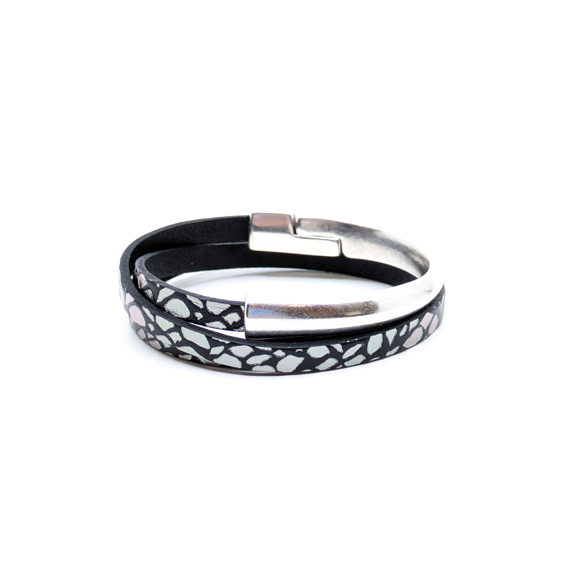 Asymmetrical Half Circle Triple Wrap Leather Bracelet- Black with Silver Giraffe Print (Medium)