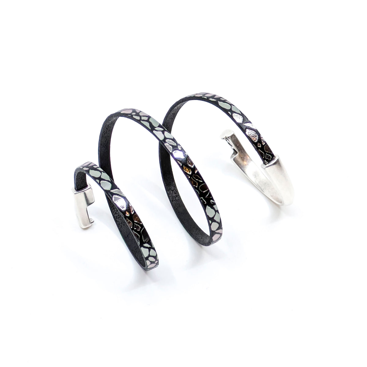 Asymmetrical Half Circle Triple Wrap Leather Bracelet- Black with Silver Giraffe Print (Medium)