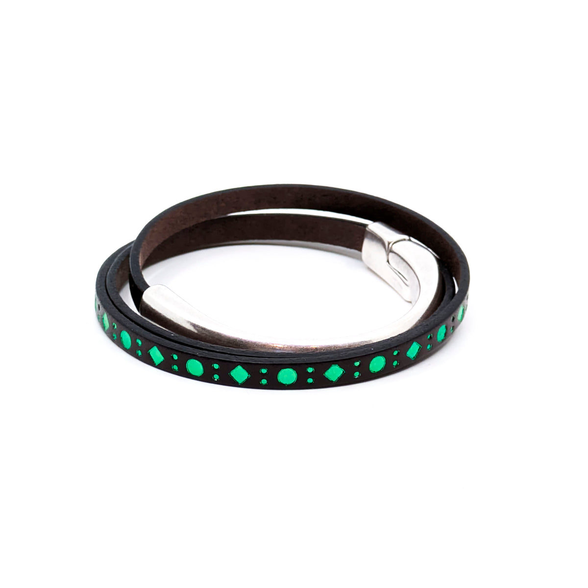 Asymmetrical Half Circle Triple Wrap Leather Bracelet- Dark Brown with Green Diamond Design (Large)