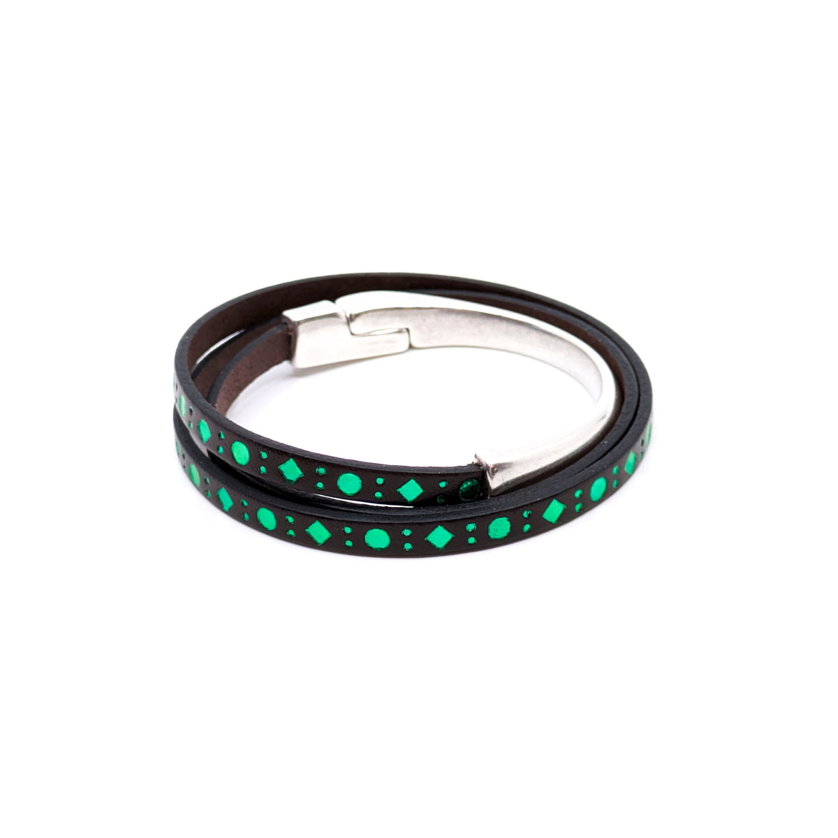 Asymmetrical Half Circle Triple Wrap Leather Bracelet- Dark Brown with Green Diamond Design (Large)