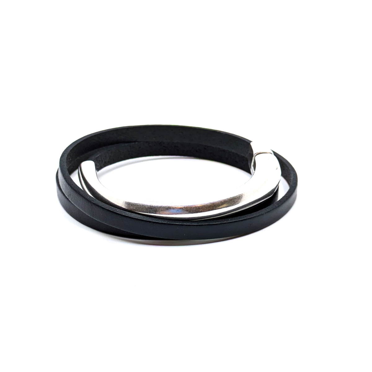 Asymmetrical Half Circle Triple Wrap Leather Bracelet- Black (Large)