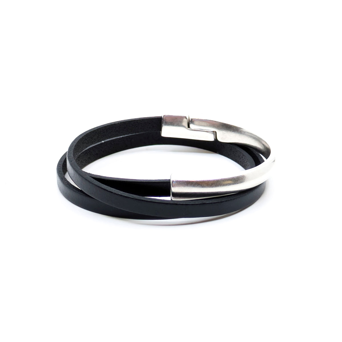 Asymmetrical Half Circle Triple Wrap Leather Bracelet- Black (Large)