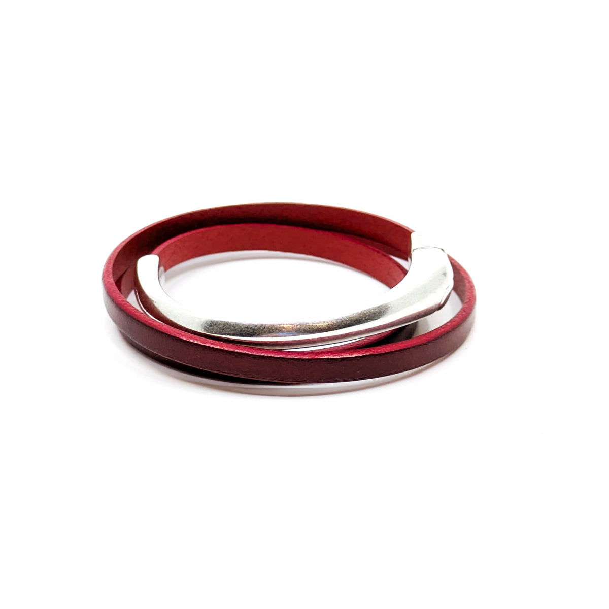 Asymmetrical Half Circle Triple Wrap Leather Bracelet- Red (Medium)