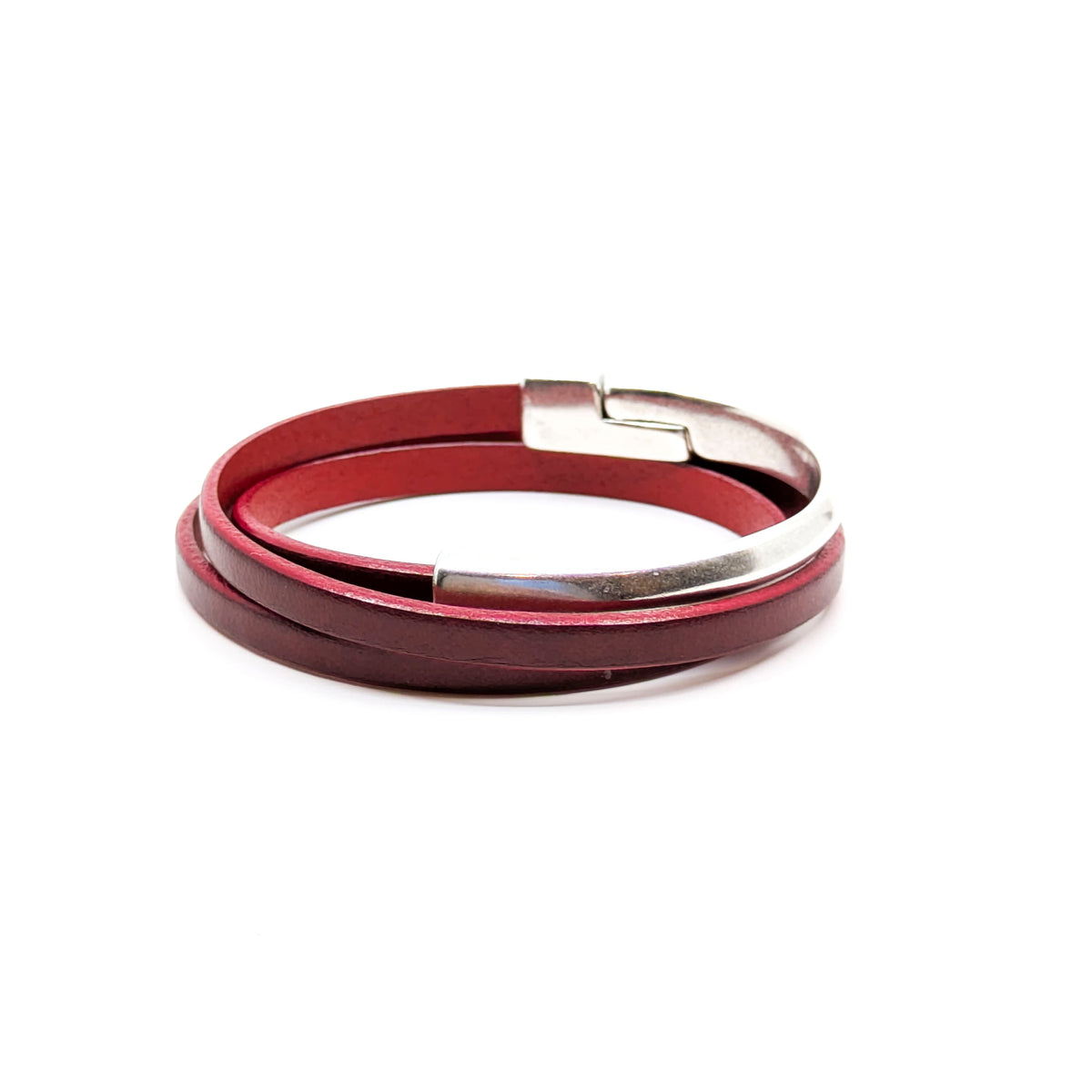 Asymmetrical Half Circle Triple Wrap Leather Bracelet- Red (Medium)