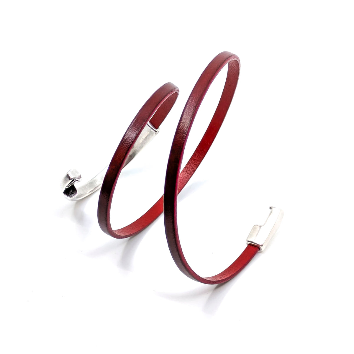 Asymmetrical Half Circle Triple Wrap Leather Bracelet- Red (Medium)
