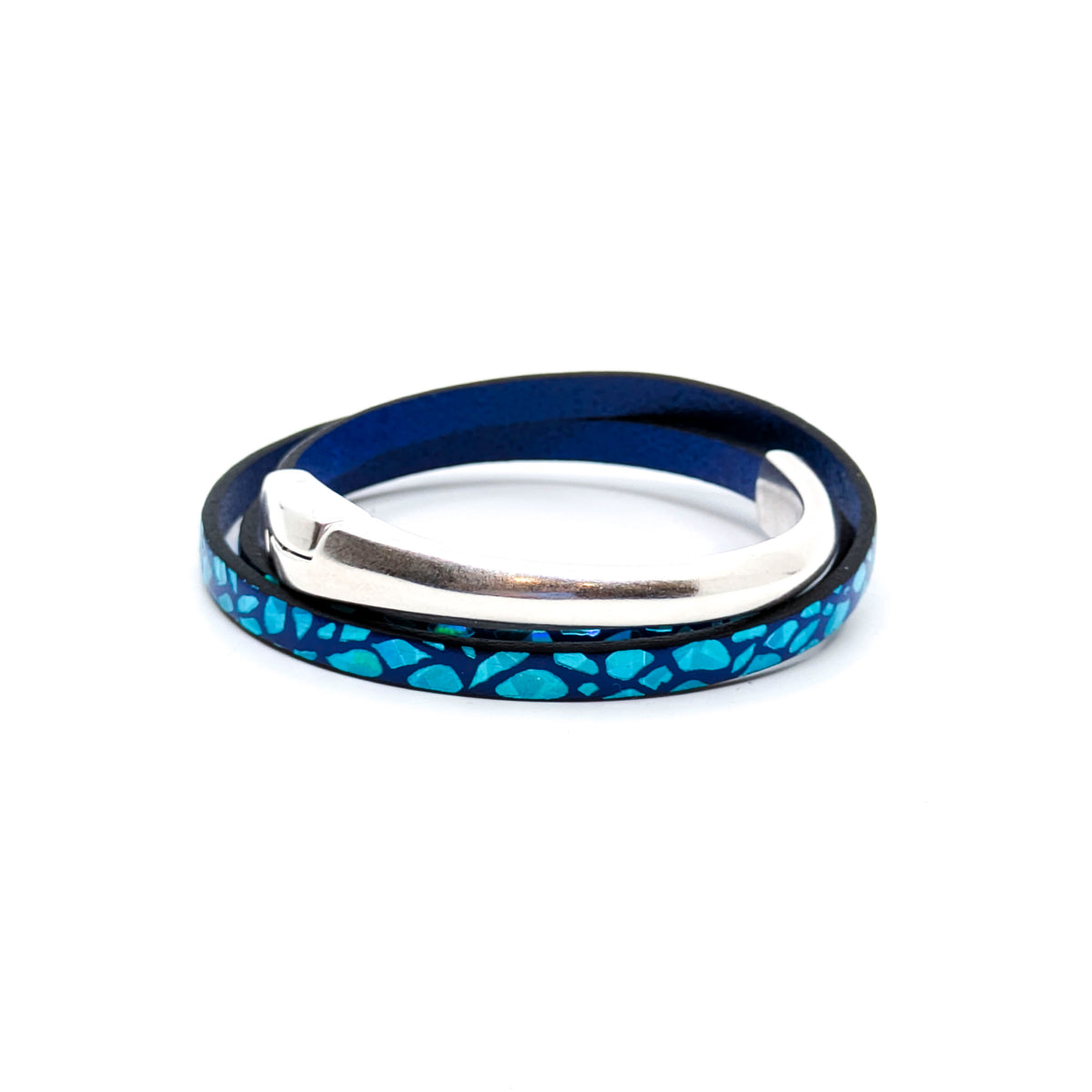 Asymmetrical Half Circle Triple Wrap Leather Bracelet- Blue Giraffe Metallic (Large)