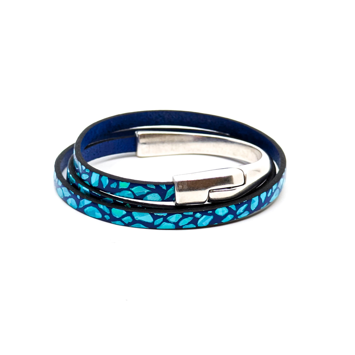 Asymmetrical Half Circle Triple Wrap Leather Bracelet- Blue Giraffe Metallic (Large)