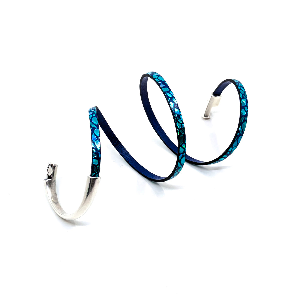 Asymmetrical Half Circle Triple Wrap Leather Bracelet- Blue Giraffe Metallic (Large)