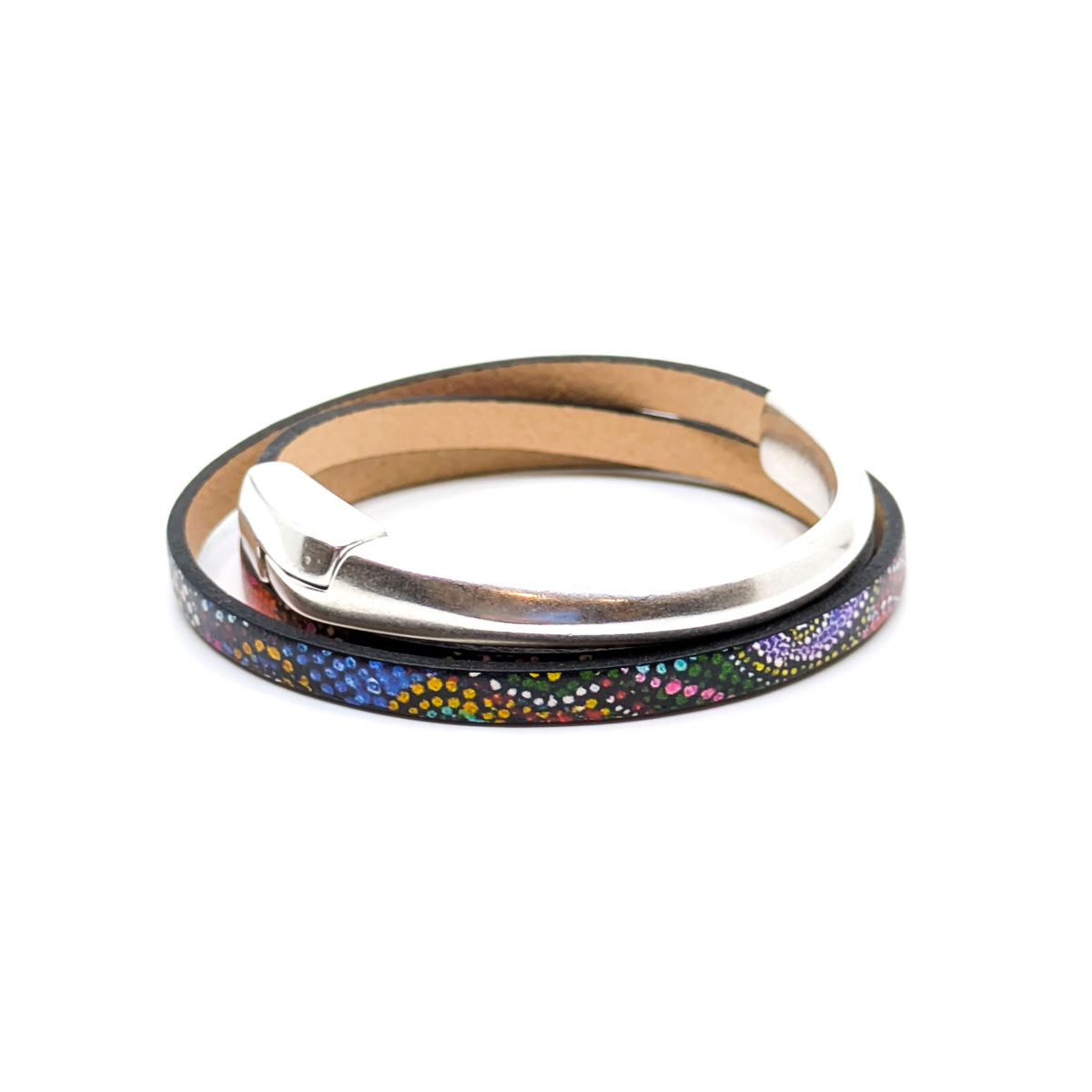 Asymmetrical Half Circle Triple Wrap Leather Bracelet- Fireworks (Medium)