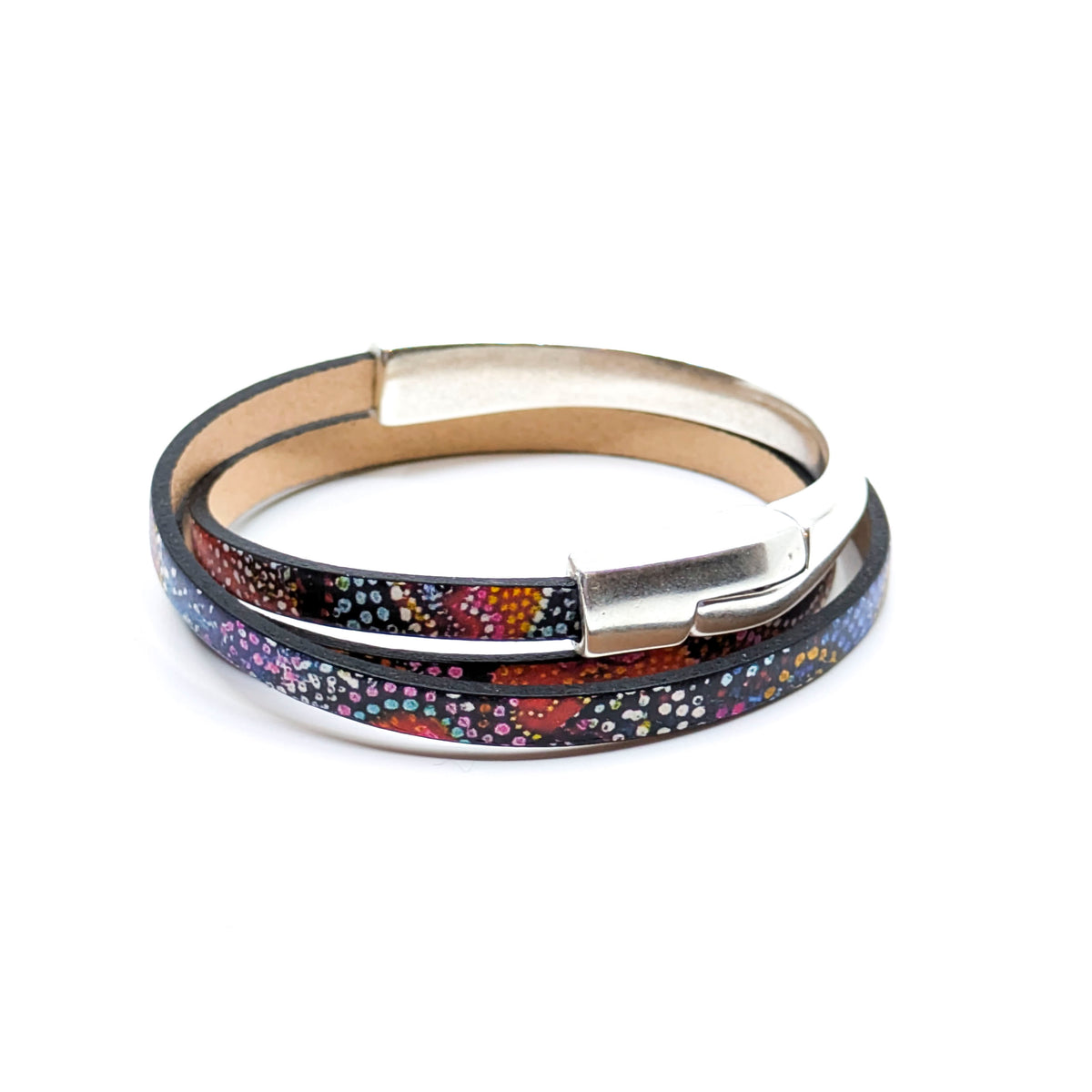 Asymmetrical Half Circle Triple Wrap Leather Bracelet- Fireworks (Medium)