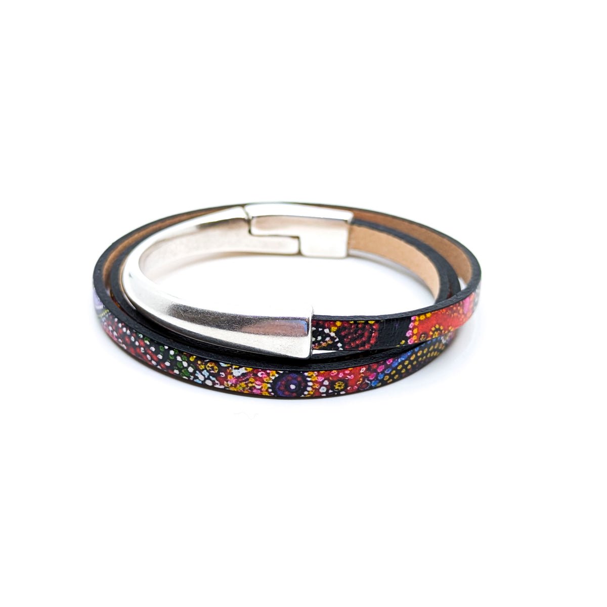Asymmetrical Half Circle Triple Wrap Leather Bracelet- Fireworks (Medium)