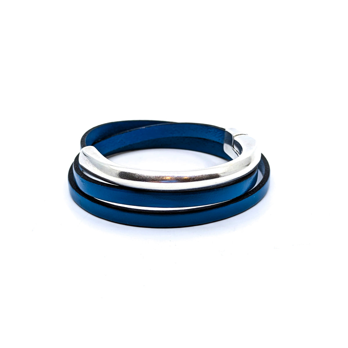 Asymmetrical Half Circle Triple Wrap Leather Bracelet- New Denim Blue (Large)