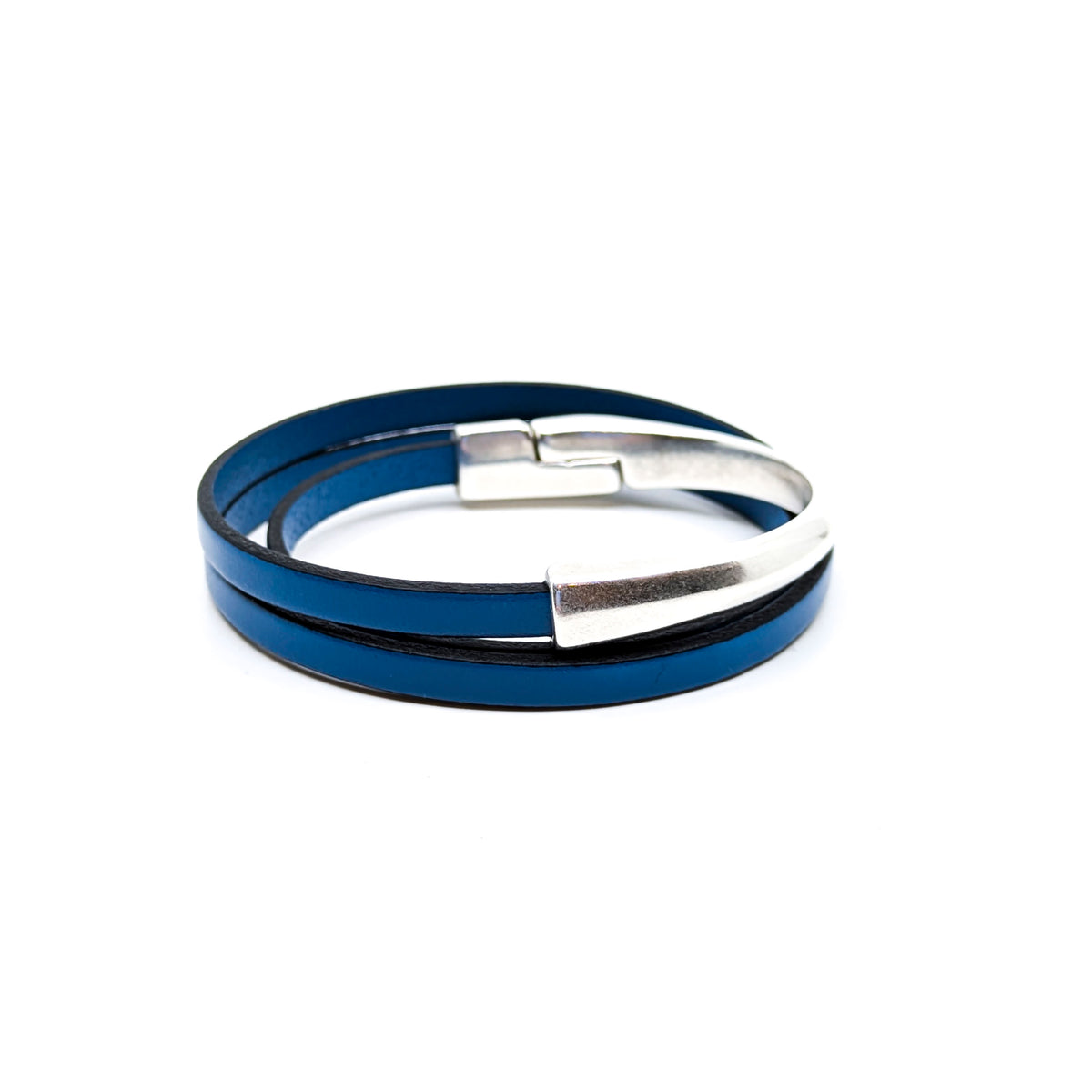 Asymmetrical Half Circle Triple Wrap Leather Bracelet- New Denim Blue (Large)