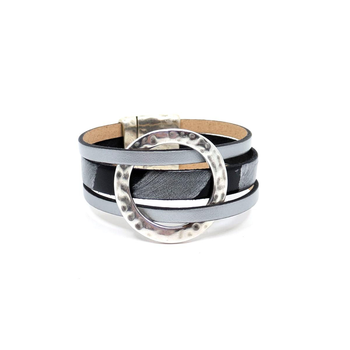 Circle Bracelet- Black with Silver Design (Large)