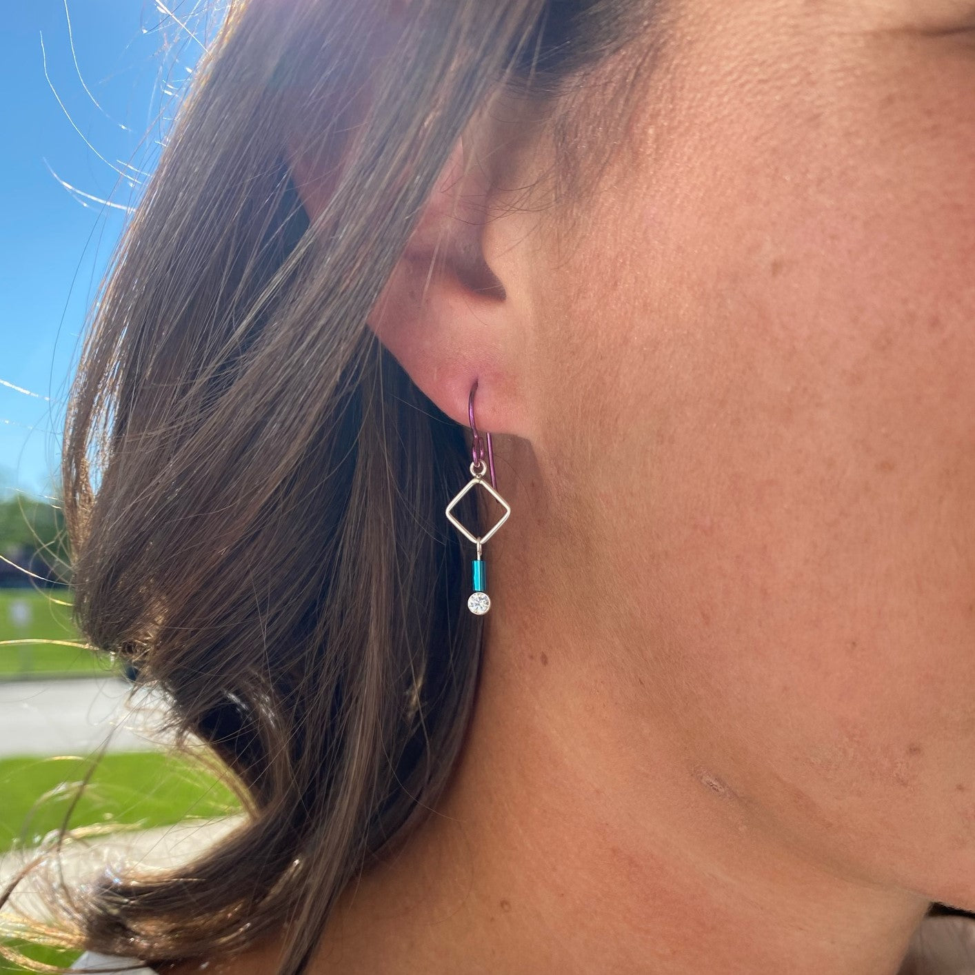 "Barb-Wire" Small Square Earrings with Cubic Zirconia and Colored Niobium Ear Wires (Blue w/ Purple Bead)