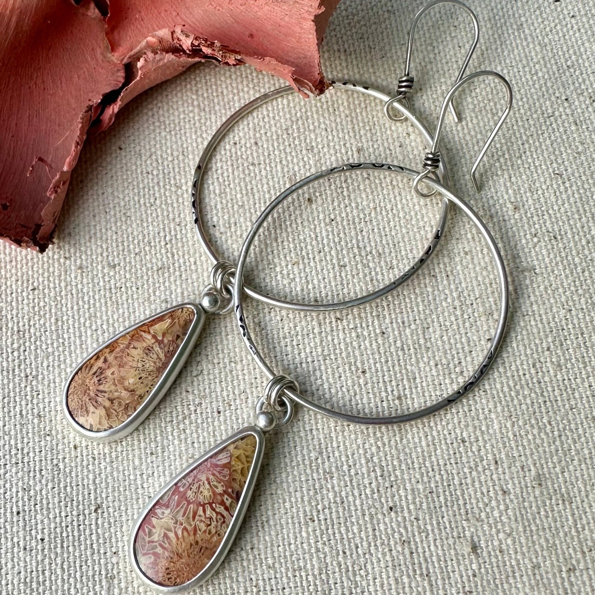 Fossil Coral Hoops by Leslie Scholz of Green Bird Studios.