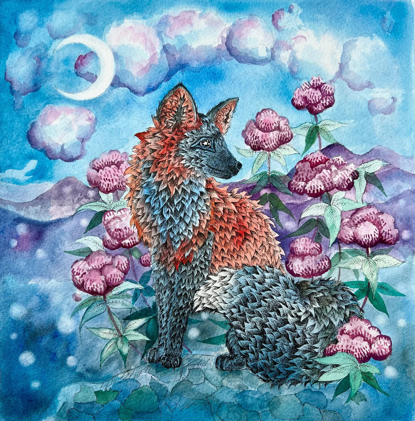Cross Fox & Clouds with Joe Pye Flowers- Print