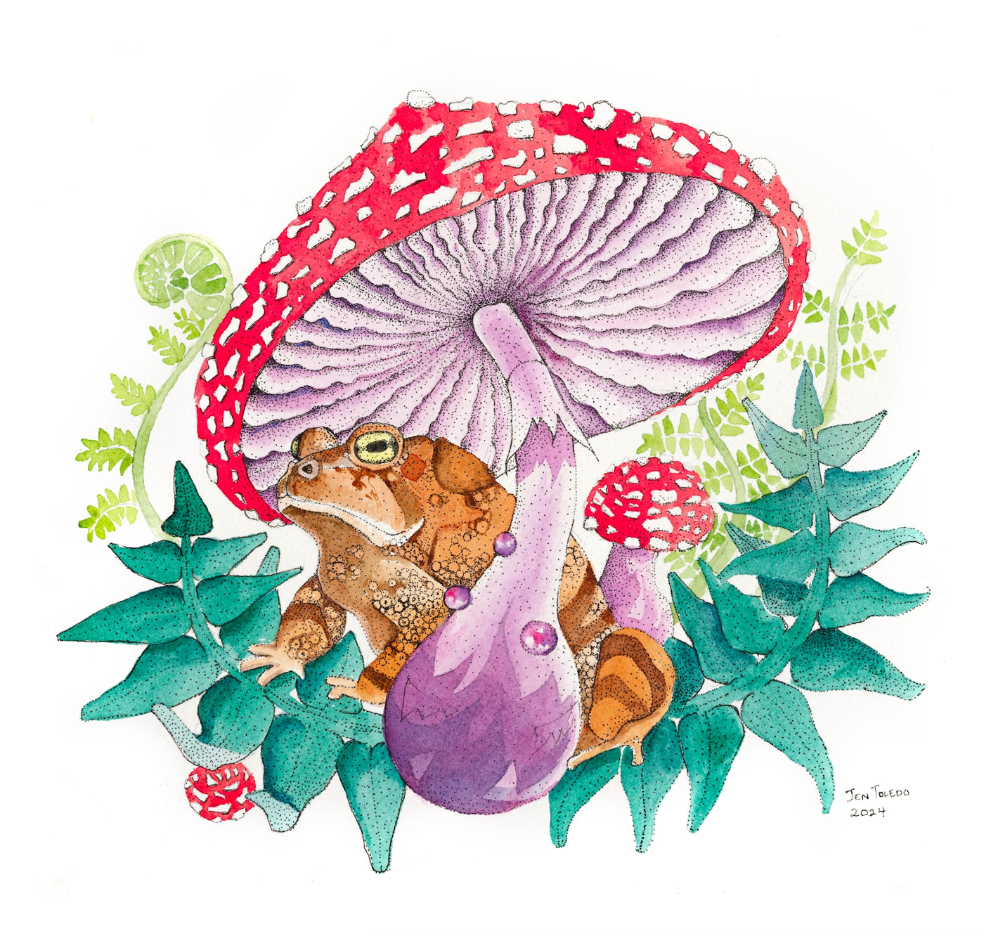 Toad & Mushroom with Ferns- Print