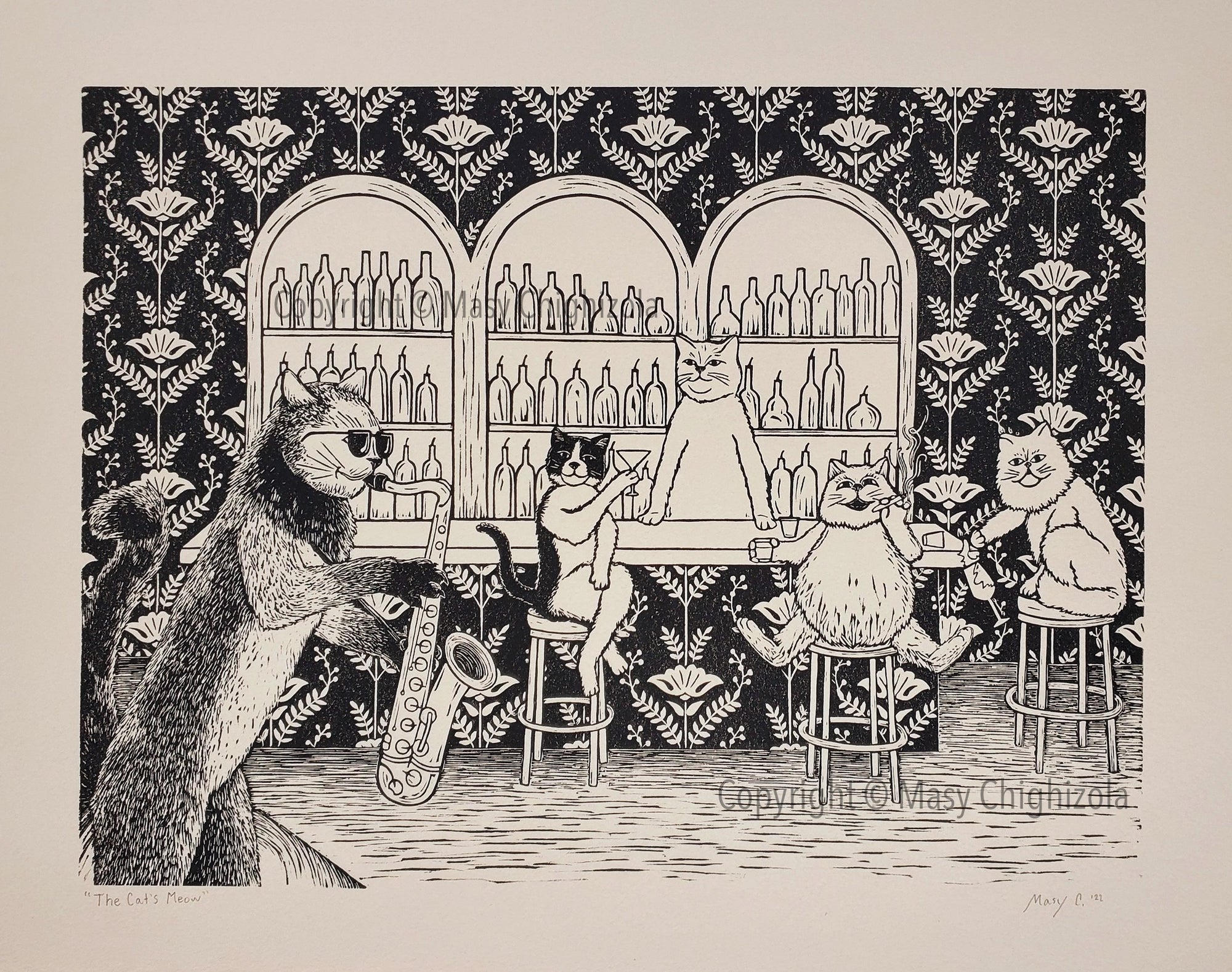 The Cat's Meow- Original Block Print