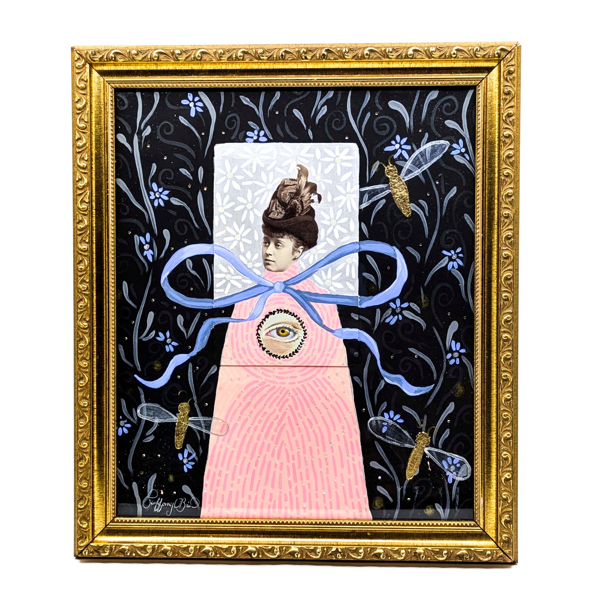 Whimsical Woman with Blue Bow- Mixed Media Wall Art