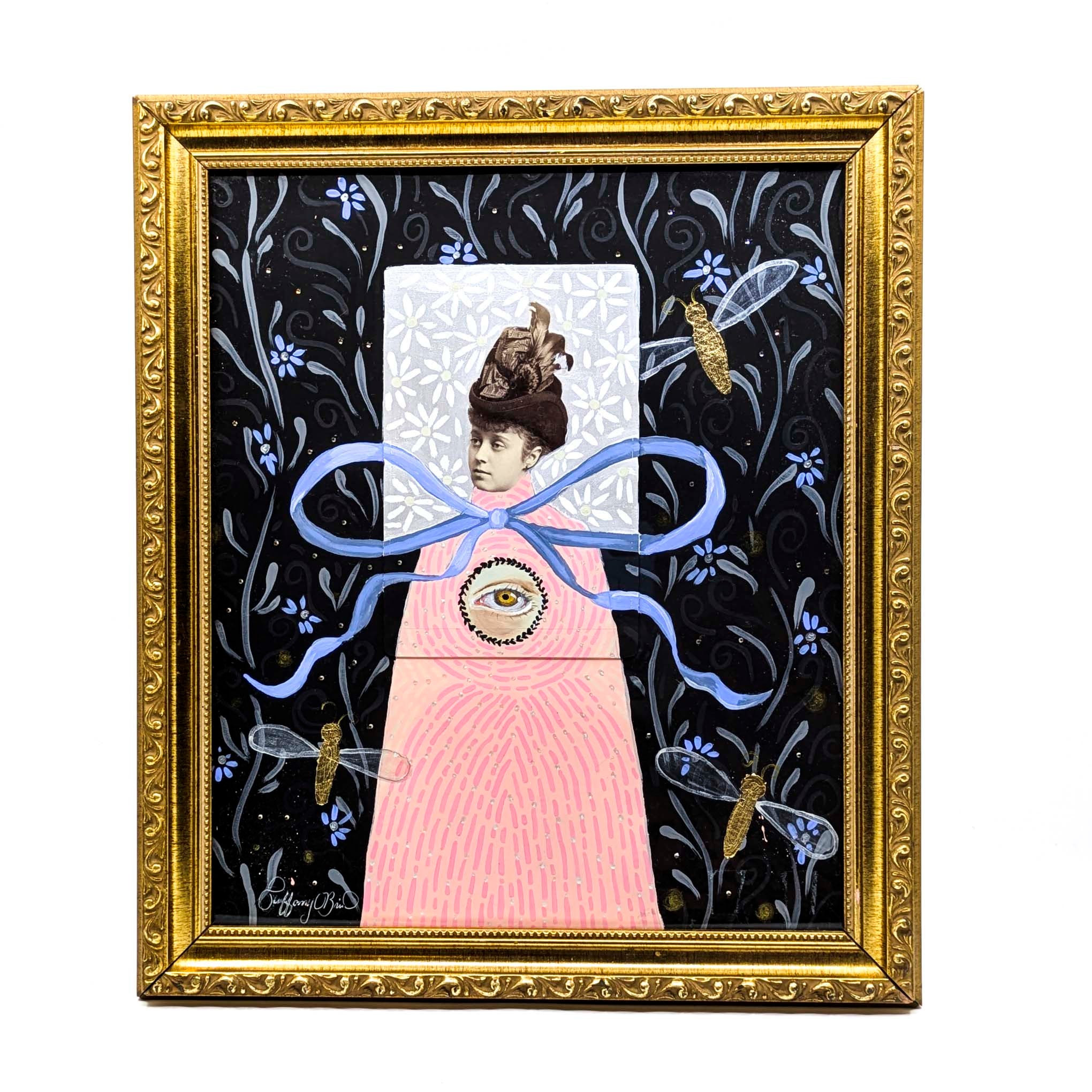 Whimsical Woman with Blue Bow- Mixed Media Wall Art
