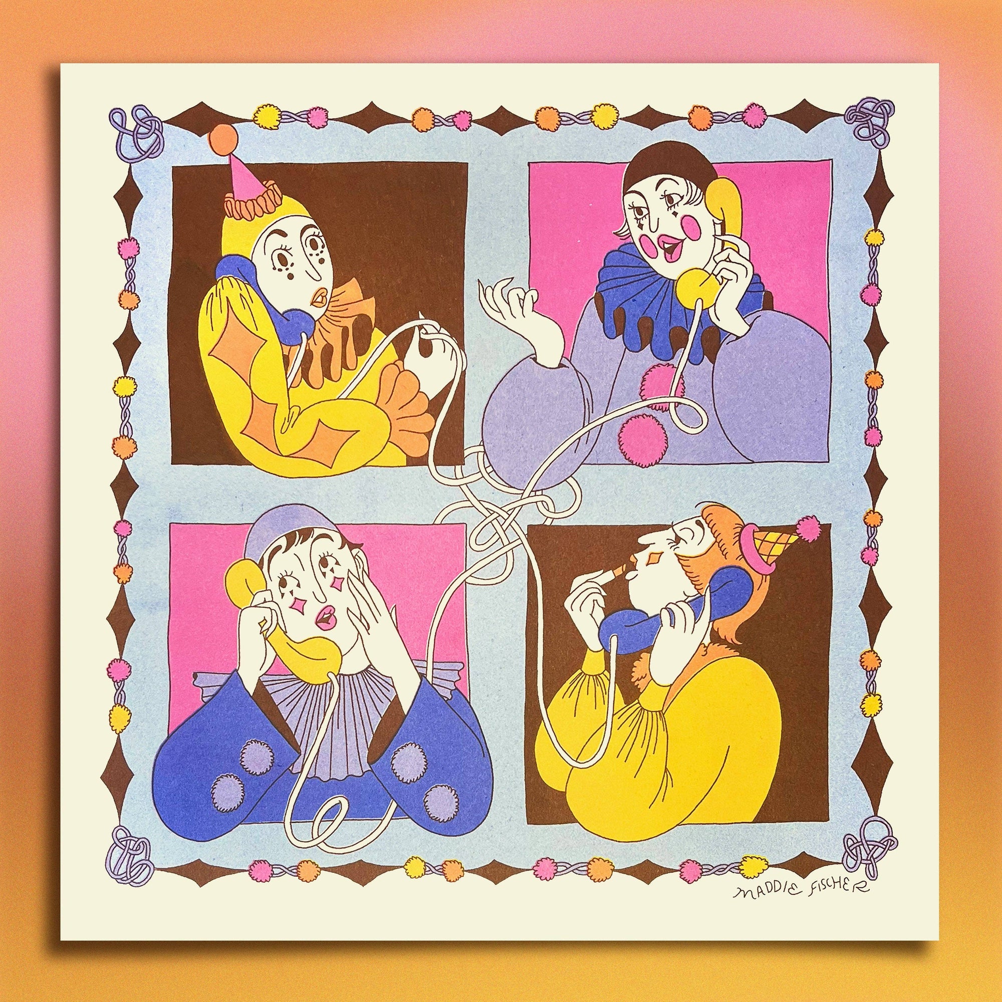 Riso Print: Clown Conference Call in Warm Primary