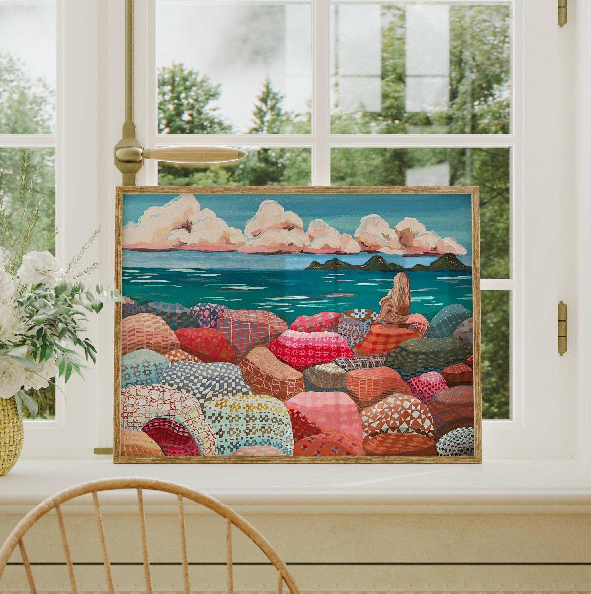 Coastal Ocean art print, pink and blue girl art print, quilt: 8″×10″