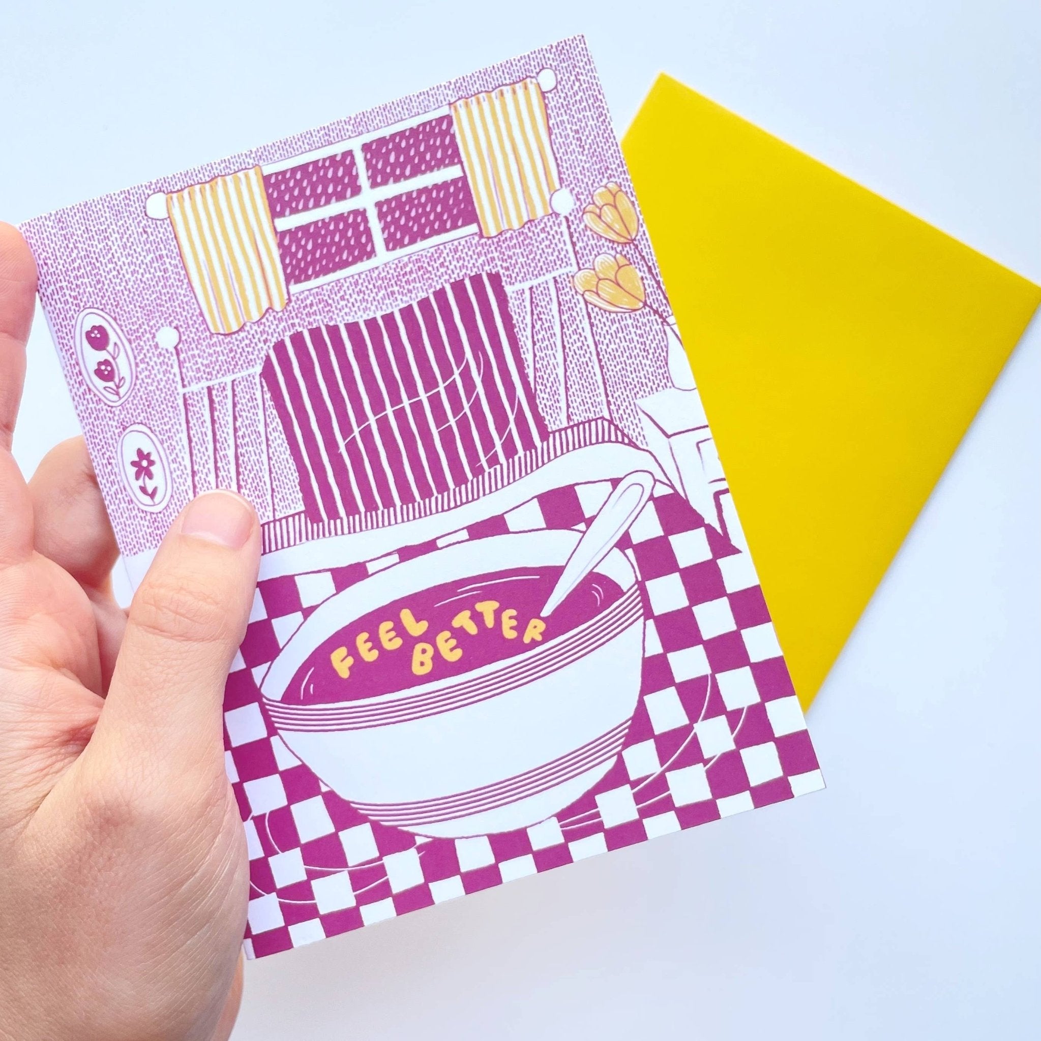 Kendra Lee Miller Art - Feel Better Alphabet Soup in Bed Get Well Greeting Card - VISUAL INDEX