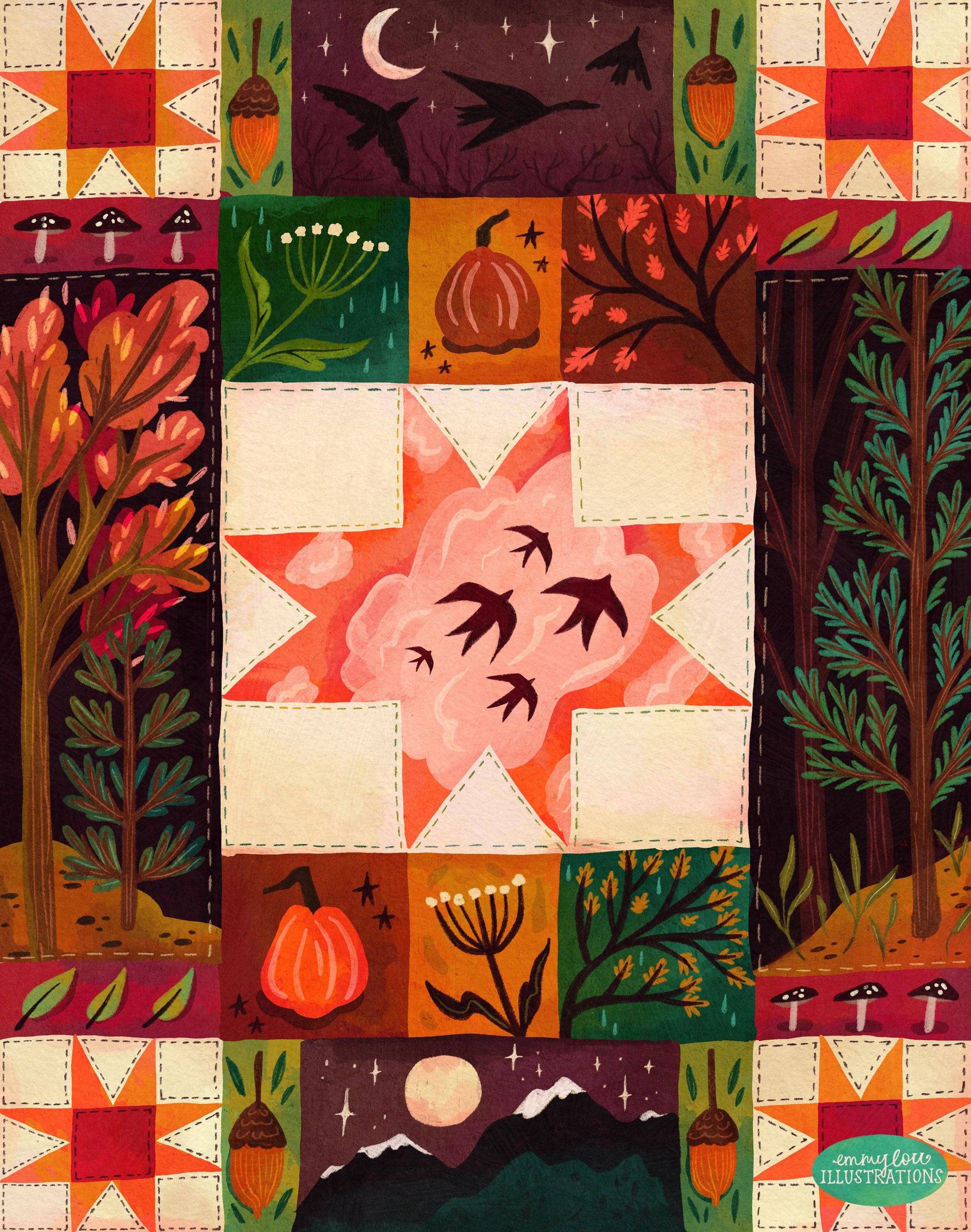 Fall Quilt Whimsical Autumn Cottagecore Wall Art Print: 8x10