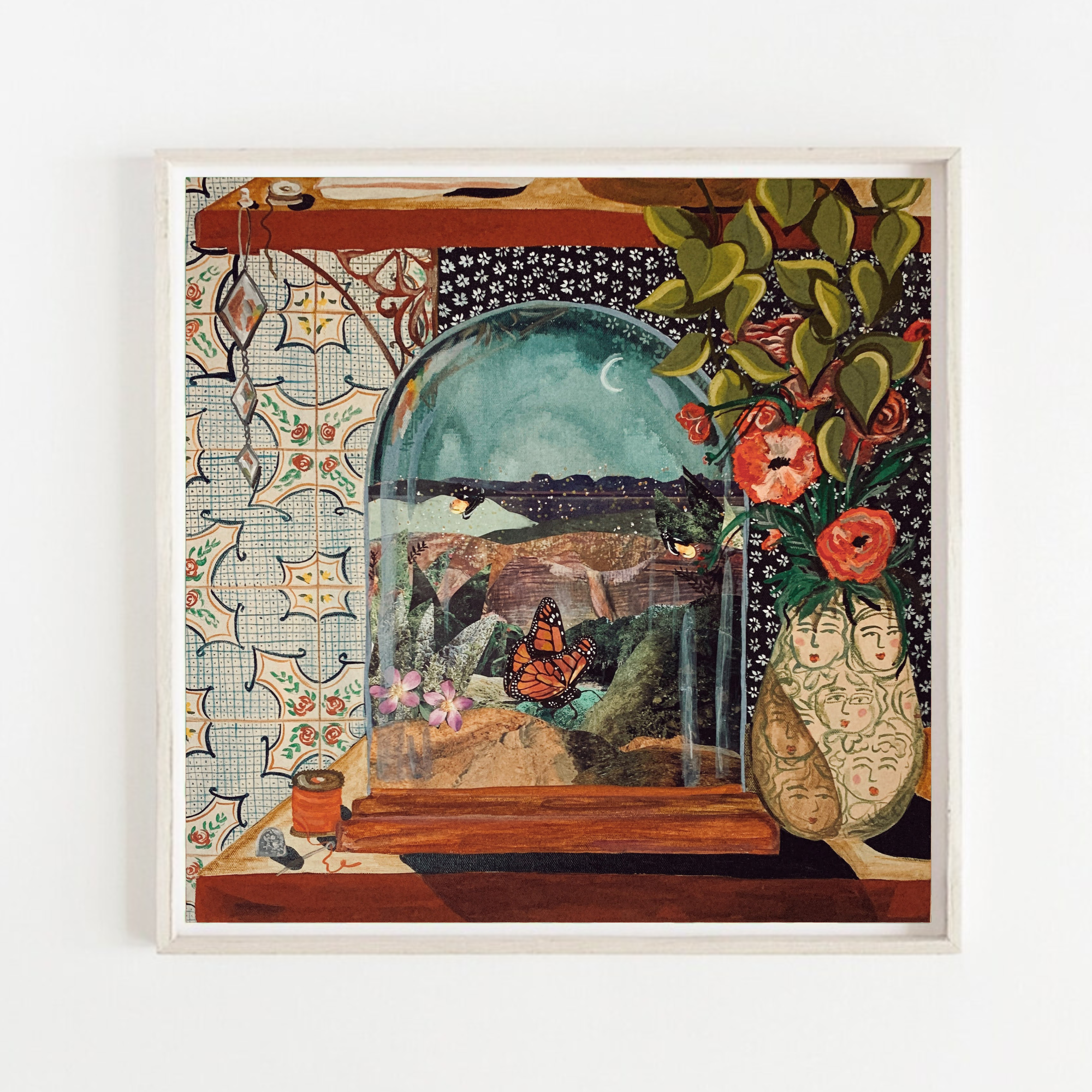 Butterfly Art Print, Quilt Art, Cloche, still life, moody