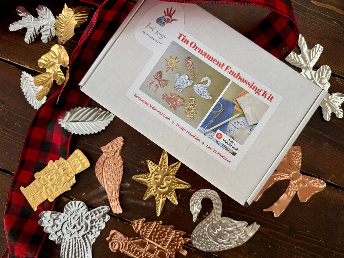 Tin Christmas Ornament Embossing Kit - DIY metal foil craft kit - makes tin garland, gift tags, ornaments, decorations