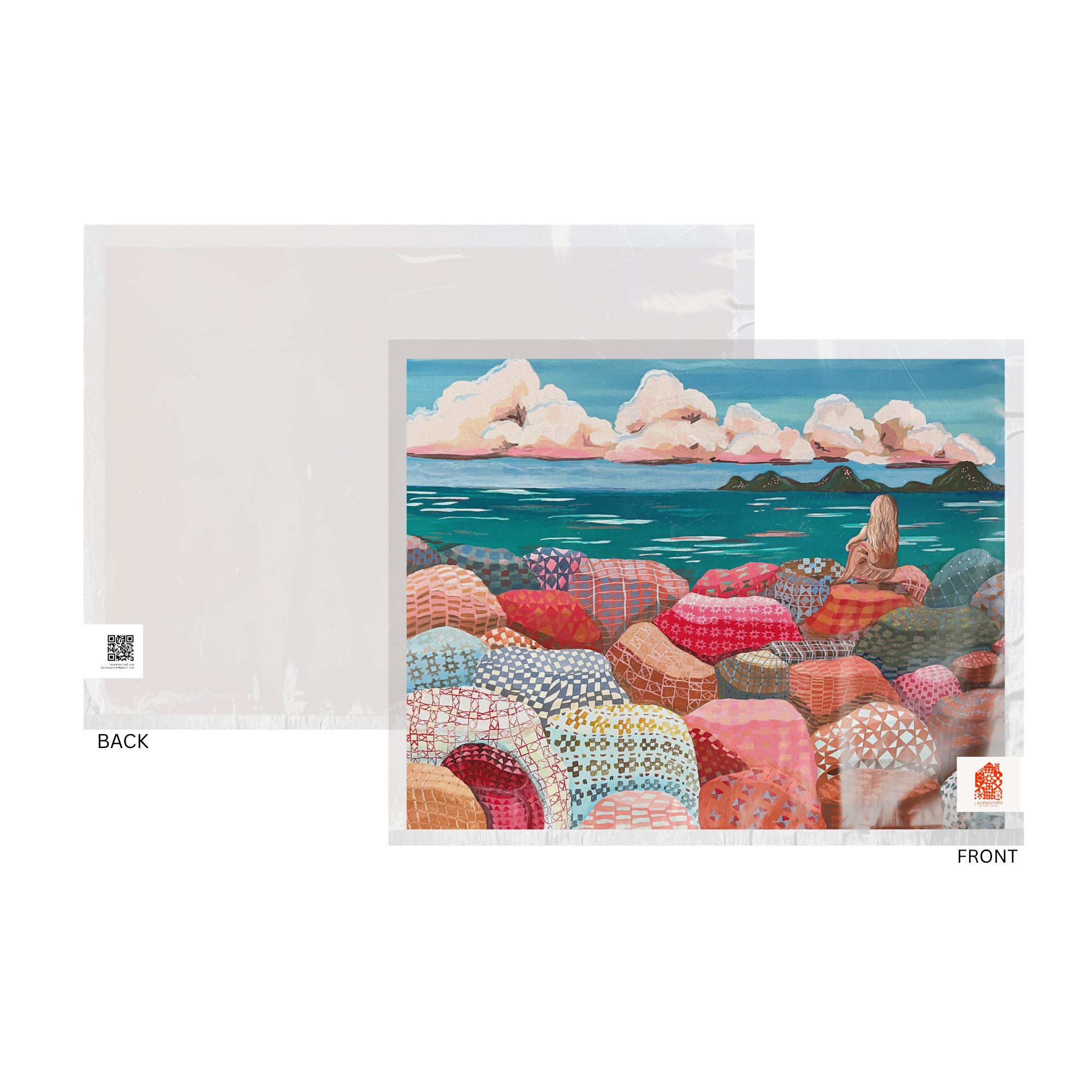 Coastal Ocean art print, pink and blue girl art print, quilt: 8″×10″