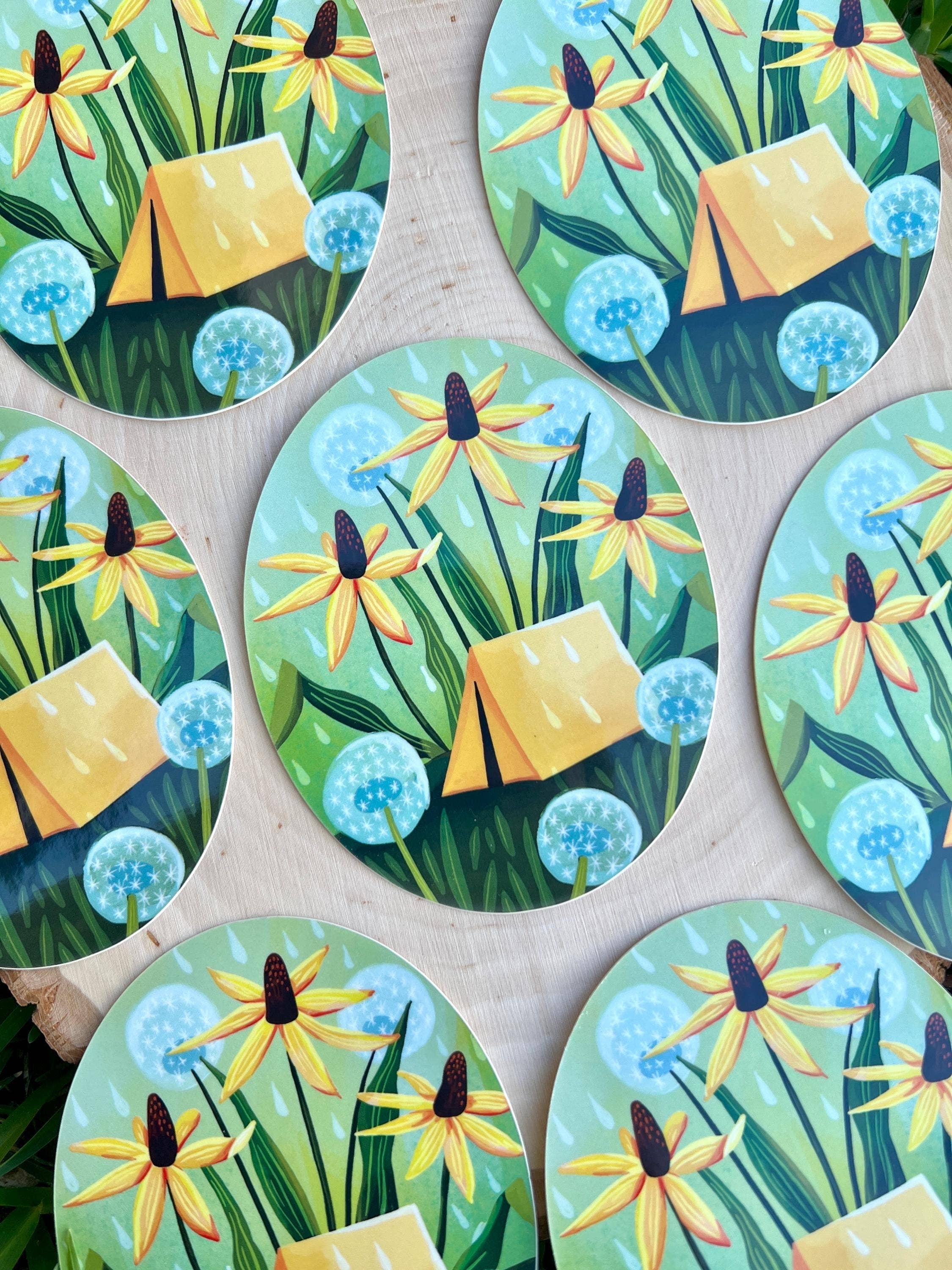 Yellow Tent Camping with Flowers Sticker, Vinyl Decal
