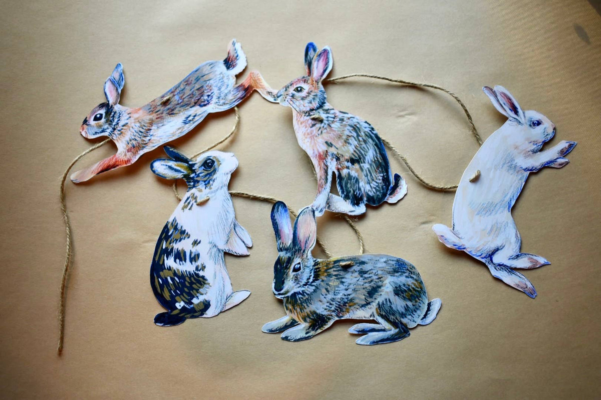 Rabbits Garland - Illustrated hares paper bunting, Nature Lover Garland