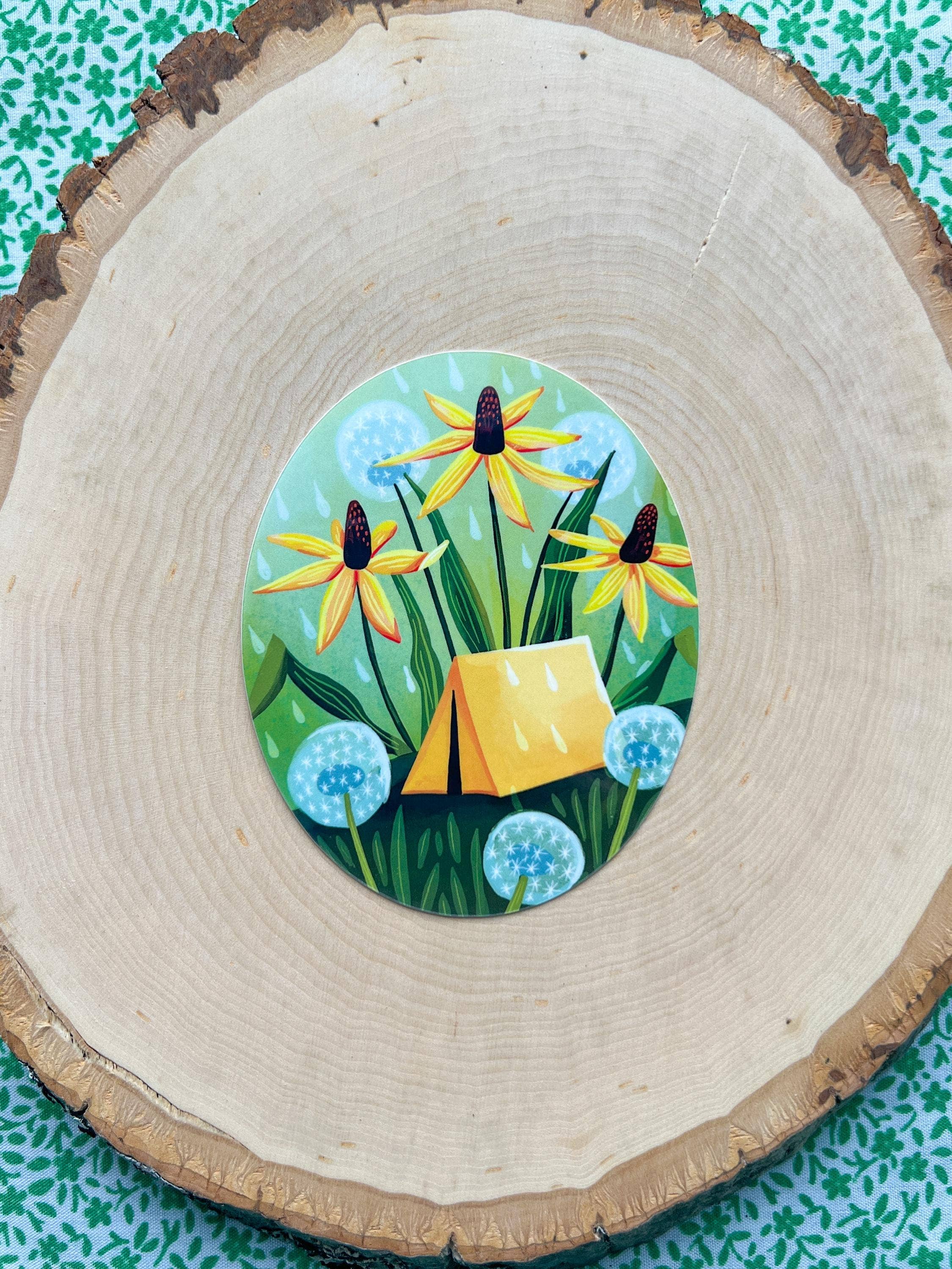 Yellow Tent Camping with Flowers Sticker, Vinyl Decal