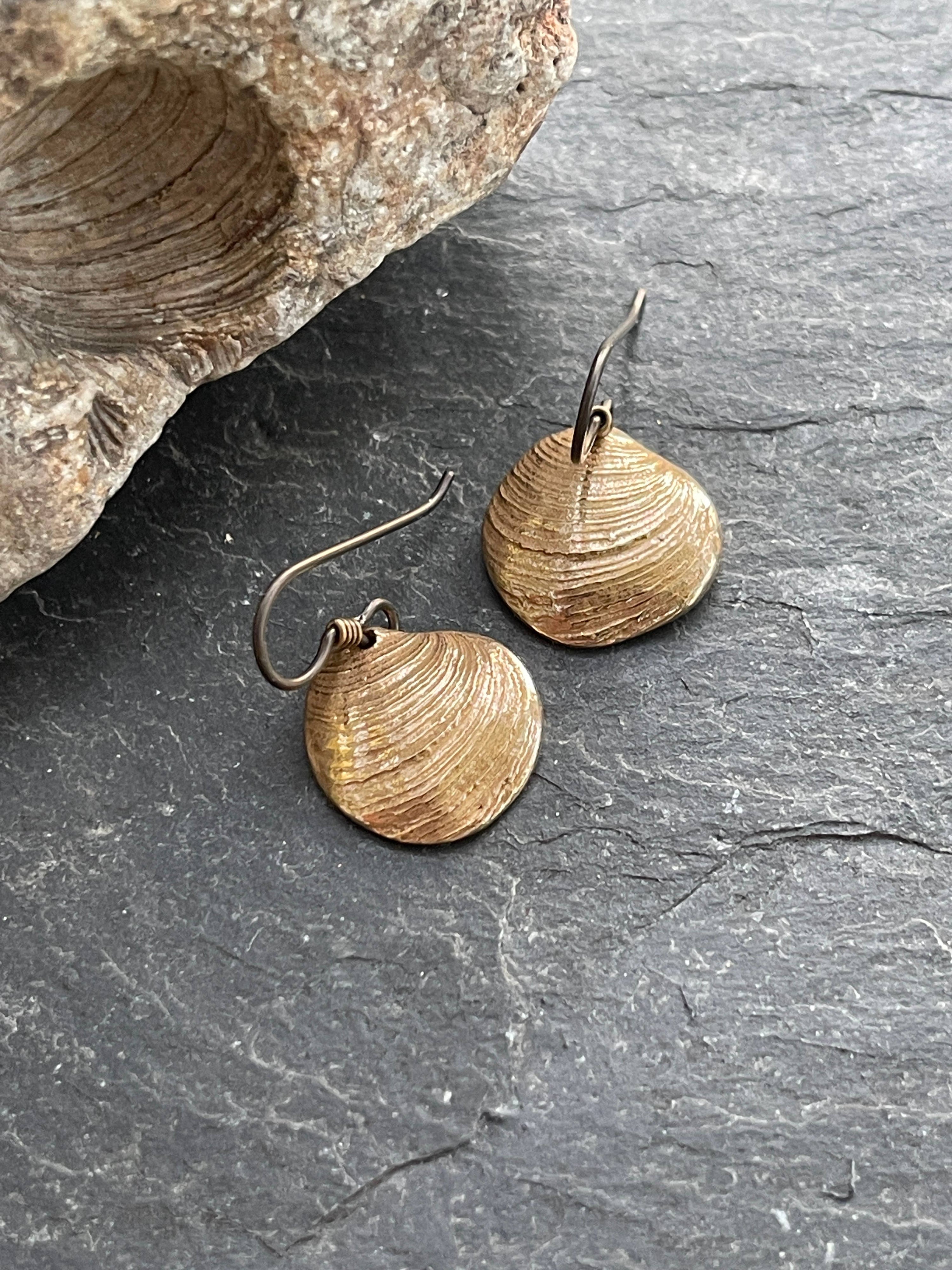 Cockle Fossil Dangly Earrings- Bronze