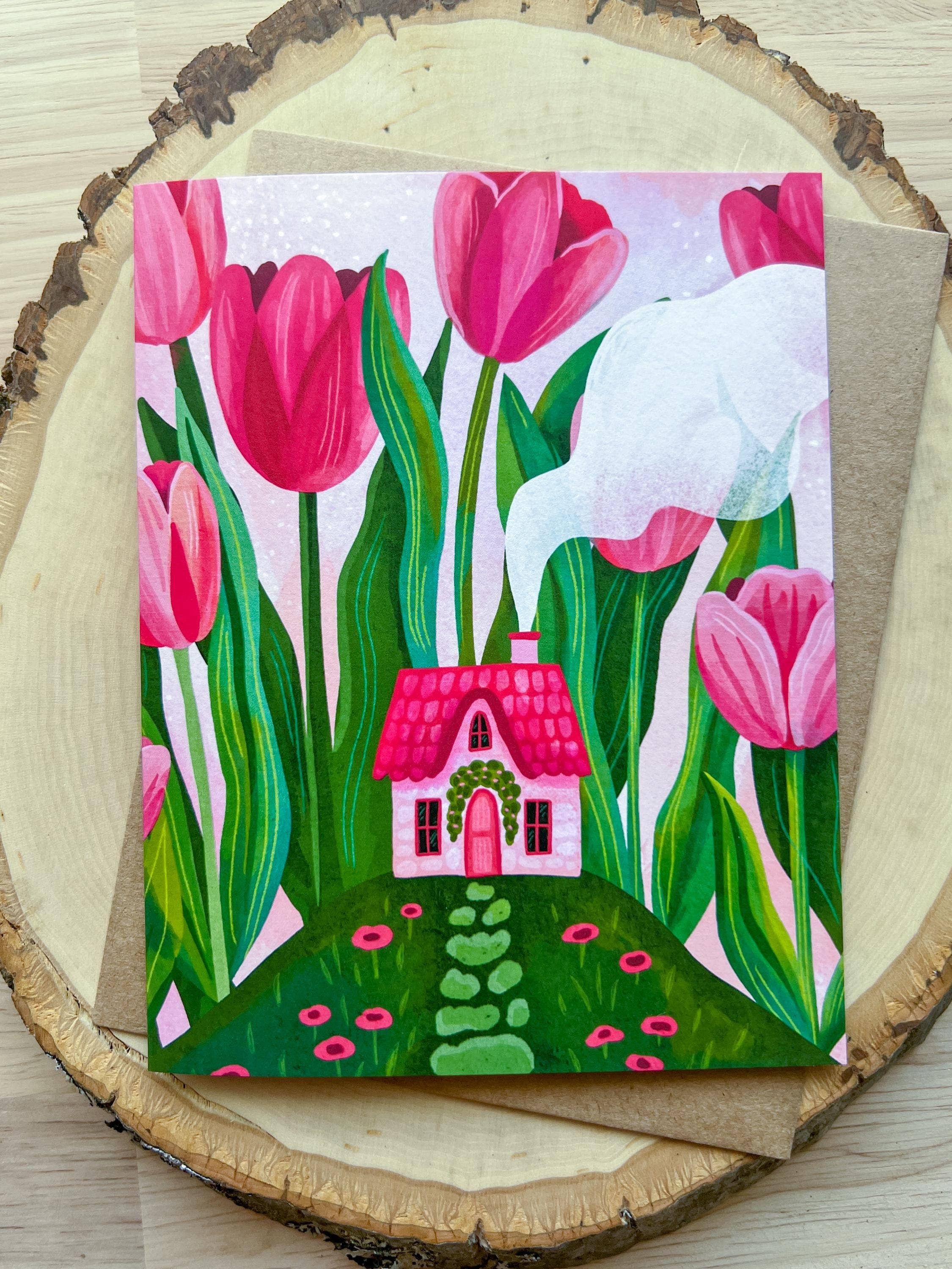 Pink Tulip Cottage Greeting Card, Blank Everyday Card