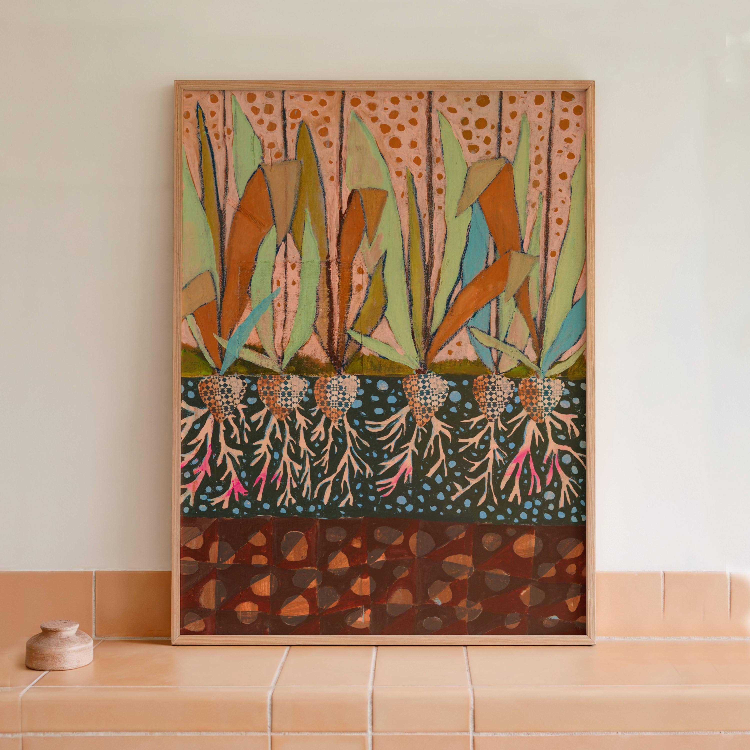 Tulip Bulbs, Floral Wall Art, quilt art, colorful print: 8″×10″