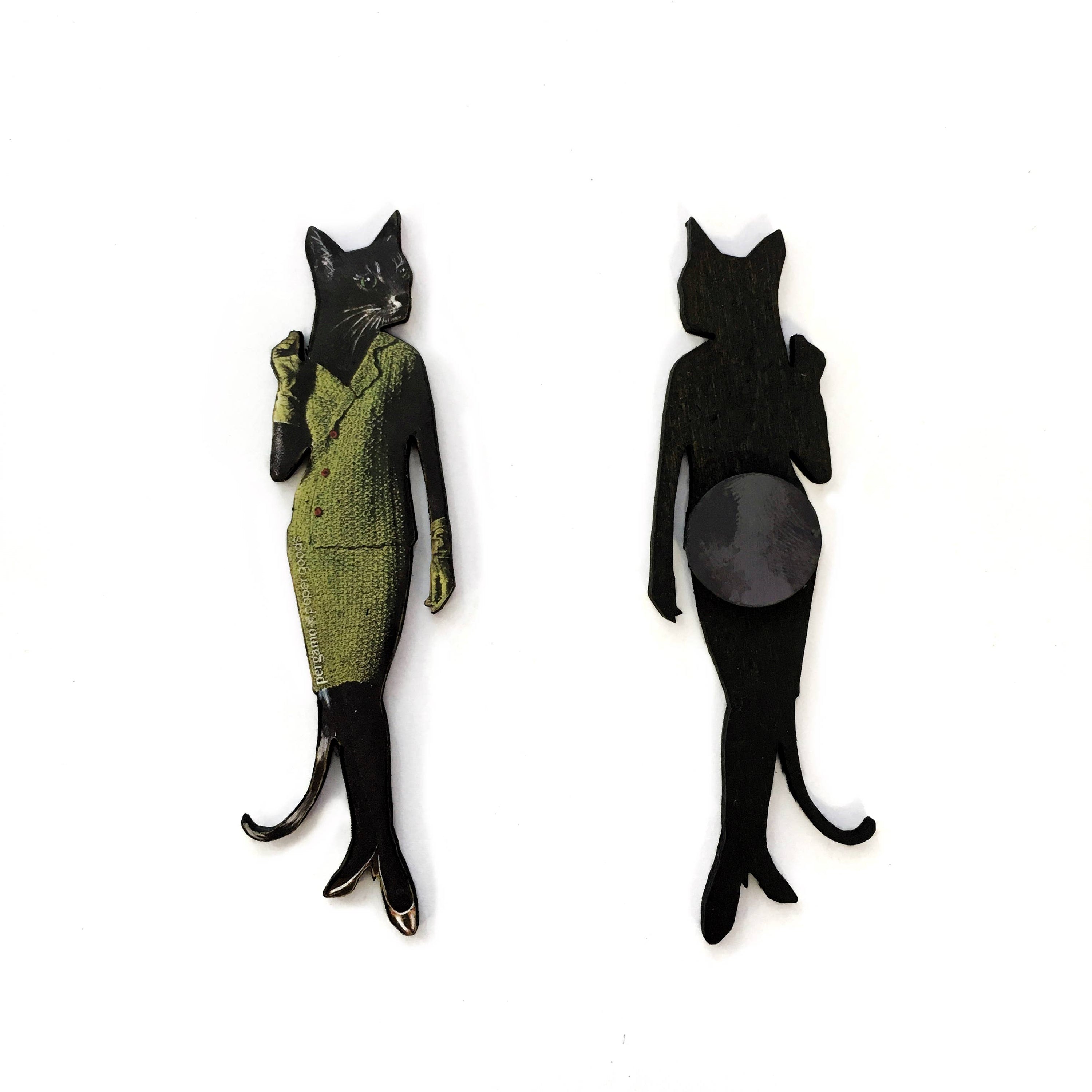 Retro Cat (in Avocado Dress) Wood Magnet