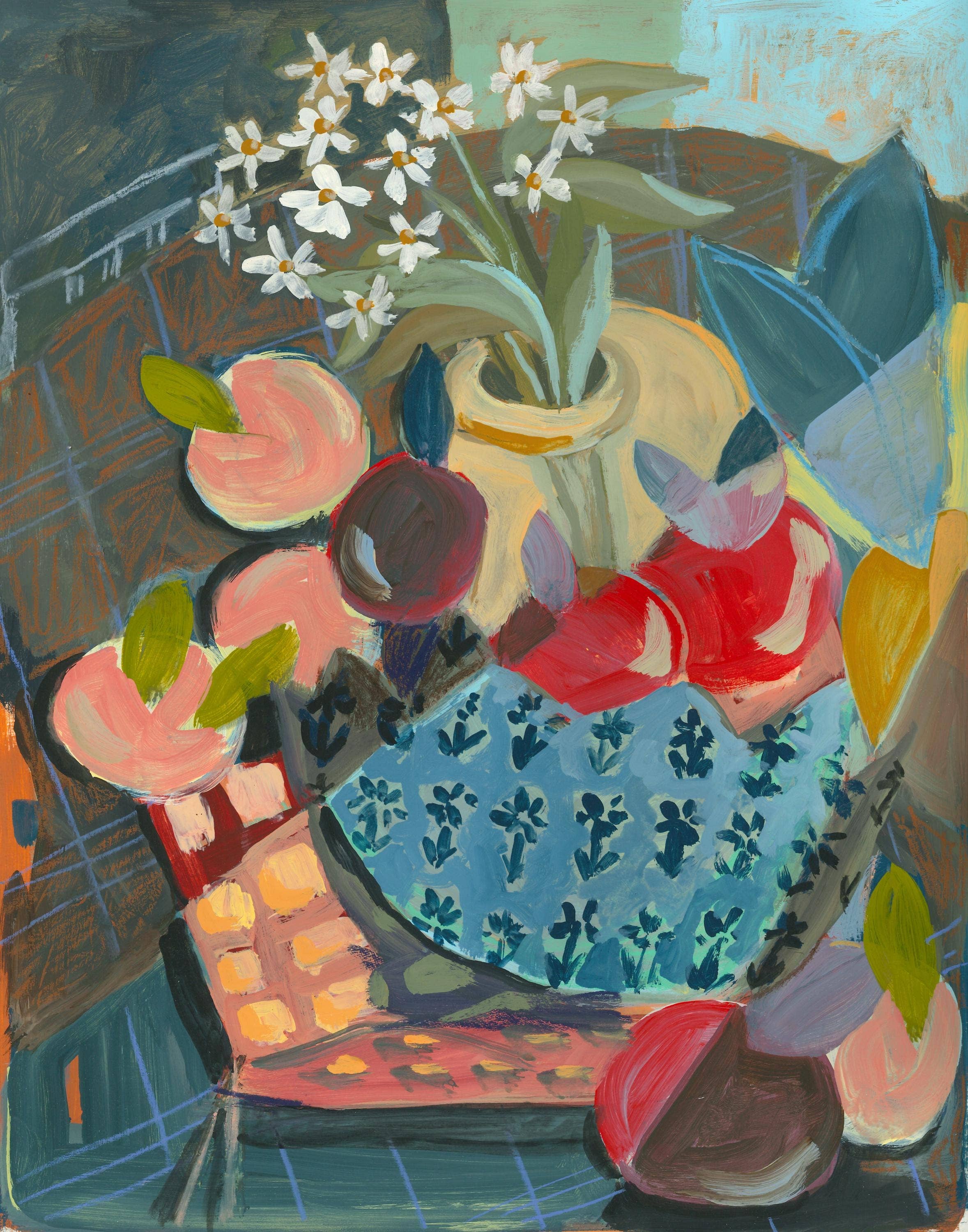 Moody Still Life print, Abstract Flowers & Fruit Art Print: 8″×10″