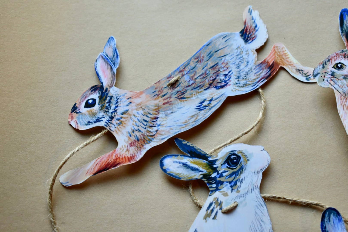 Rabbits Garland - Illustrated hares paper bunting, Nature Lover Garland