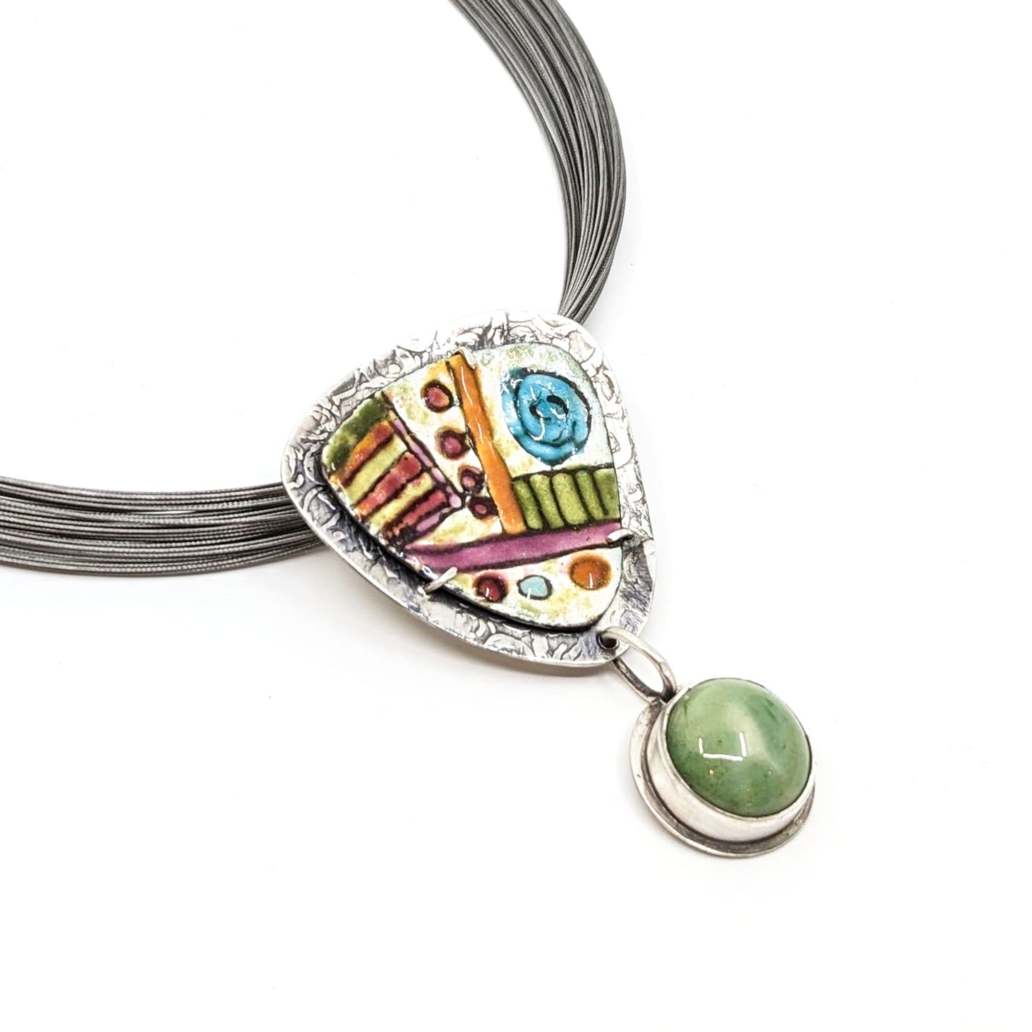 Enamel and Pale Green Pottery Necklace