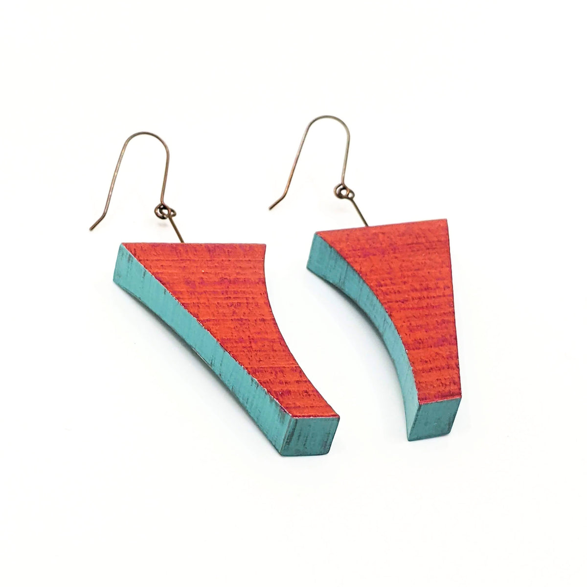 Lauraine Lillie Studios - Wooden Earrings, Painted - Red with Turquoise Sides 2.75”(L) x 1”(W) - VISUAL INDEX