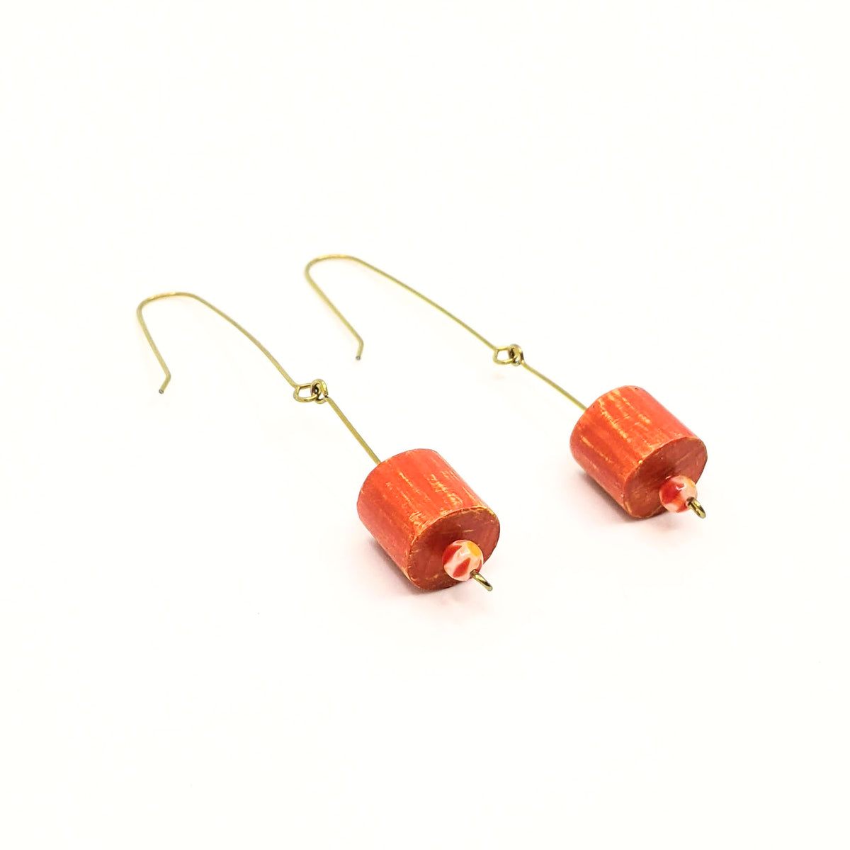 Lauraine Lillie Studios - Wooden Earrings, Painted - Orange Cylinders + Czech Glass Beads 2.5”(L) x .5”(W) - VISUAL INDEX