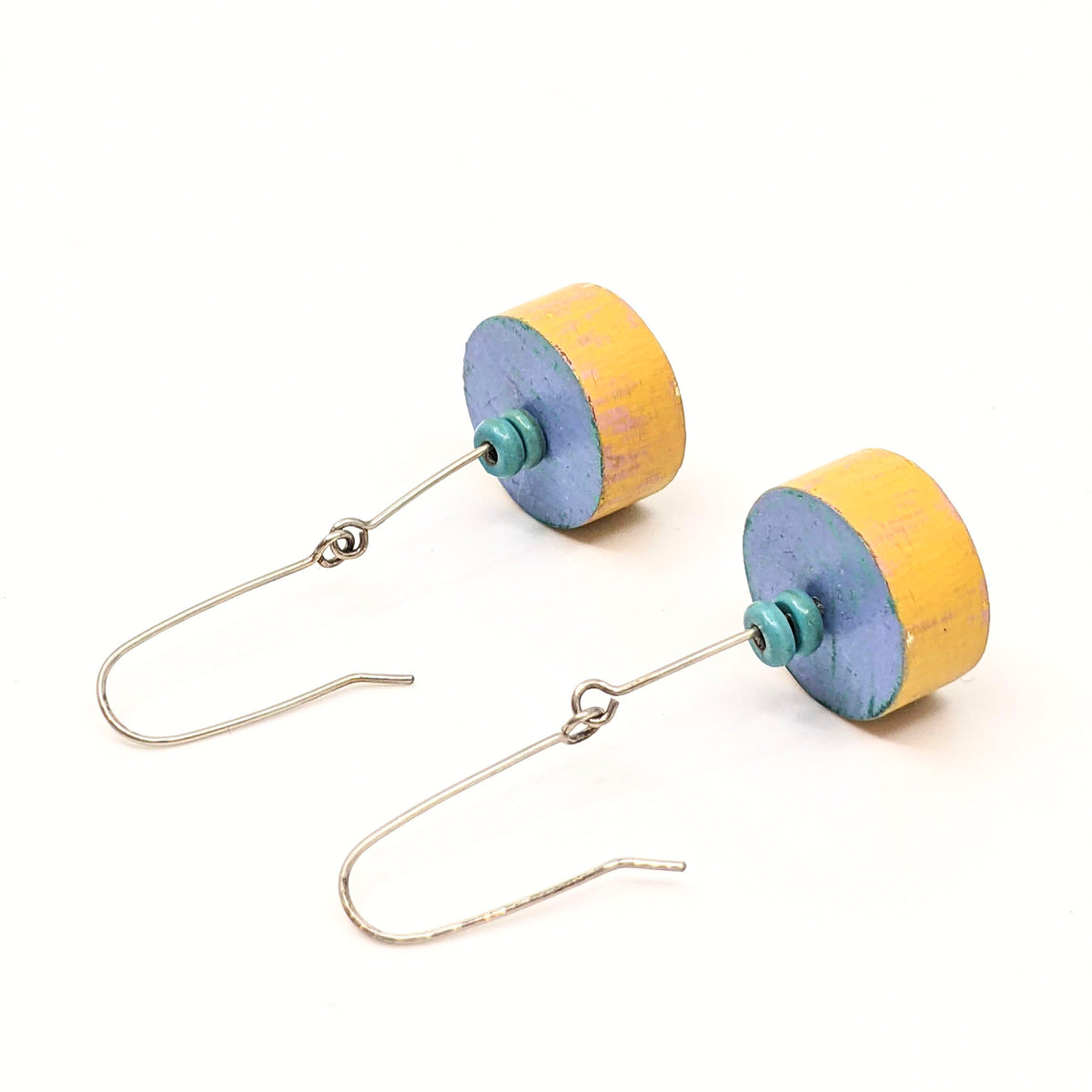 Lauraine Lillie Studios - Wooden Earrings, Painted - Blue Top Cylinders + Stone Beads 2.75”(L) x .5”(W) - VISUAL INDEX