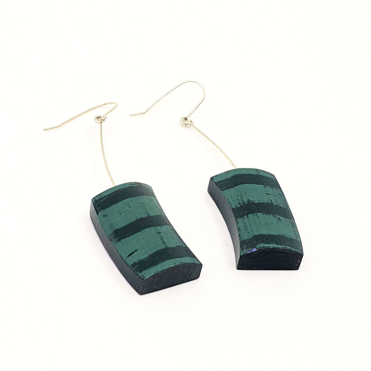 Lauraine Lillie Studios - Wooden Earrings, Painted - Green Striped Rectangles 3”(L) x .75”(W) - VISUAL INDEX