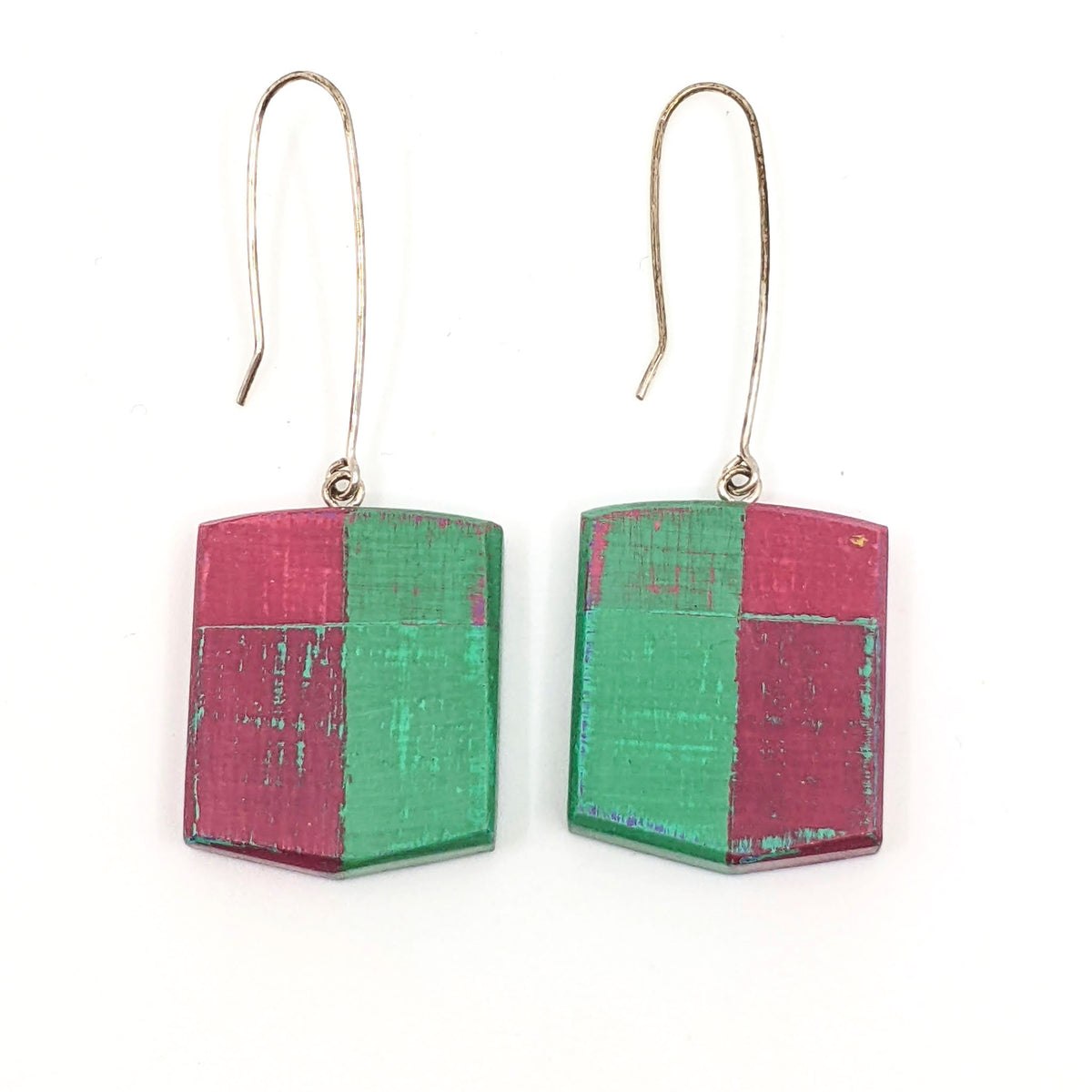 Lauraine Lillie Studios - Wooden Earrings, Painted - Red + Green Rectangles 2”(L) x 1.75”(W) - VISUAL INDEX