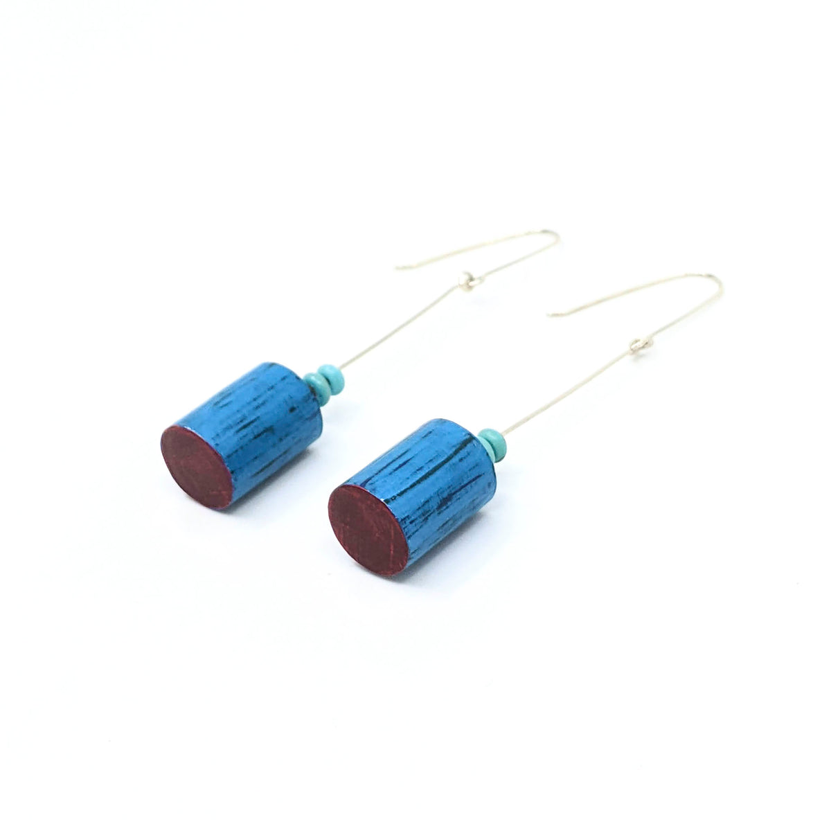 Lauraine Lillie Studios - Wooden Earrings, Painted - Blue Cylinder + Stone Beads 2.5”(L) x .5”(W) - VISUAL INDEX