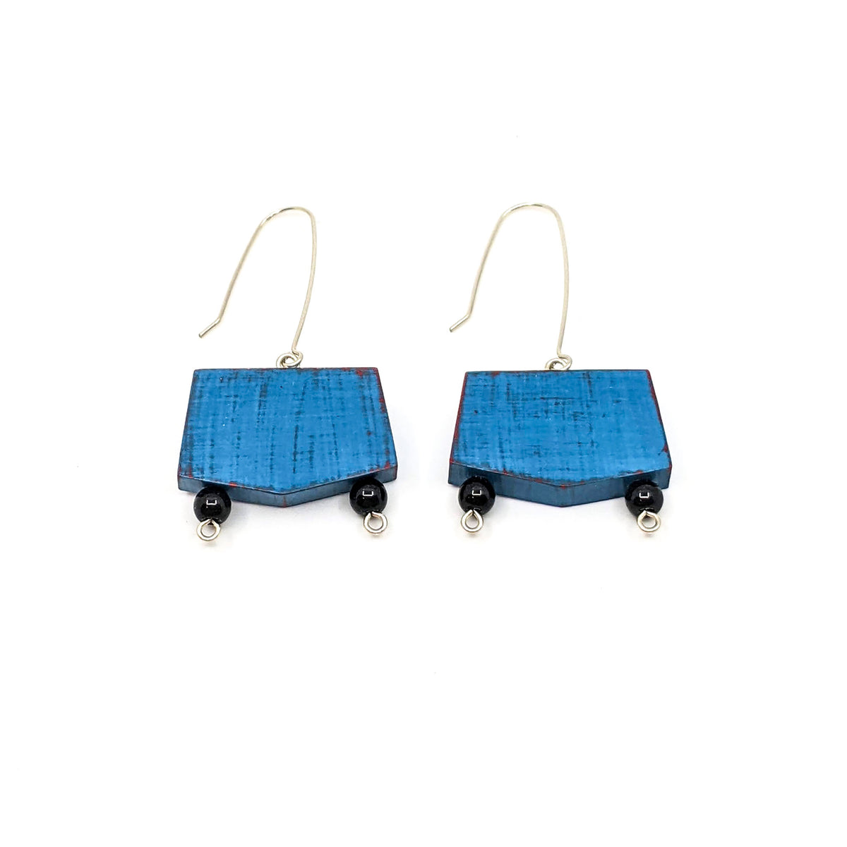 Lauraine Lillie Studios - Wooden Earrings, Painted - Blue Pentagon + Black Jasper 2”(L) x 1”(W) - VISUAL INDEX