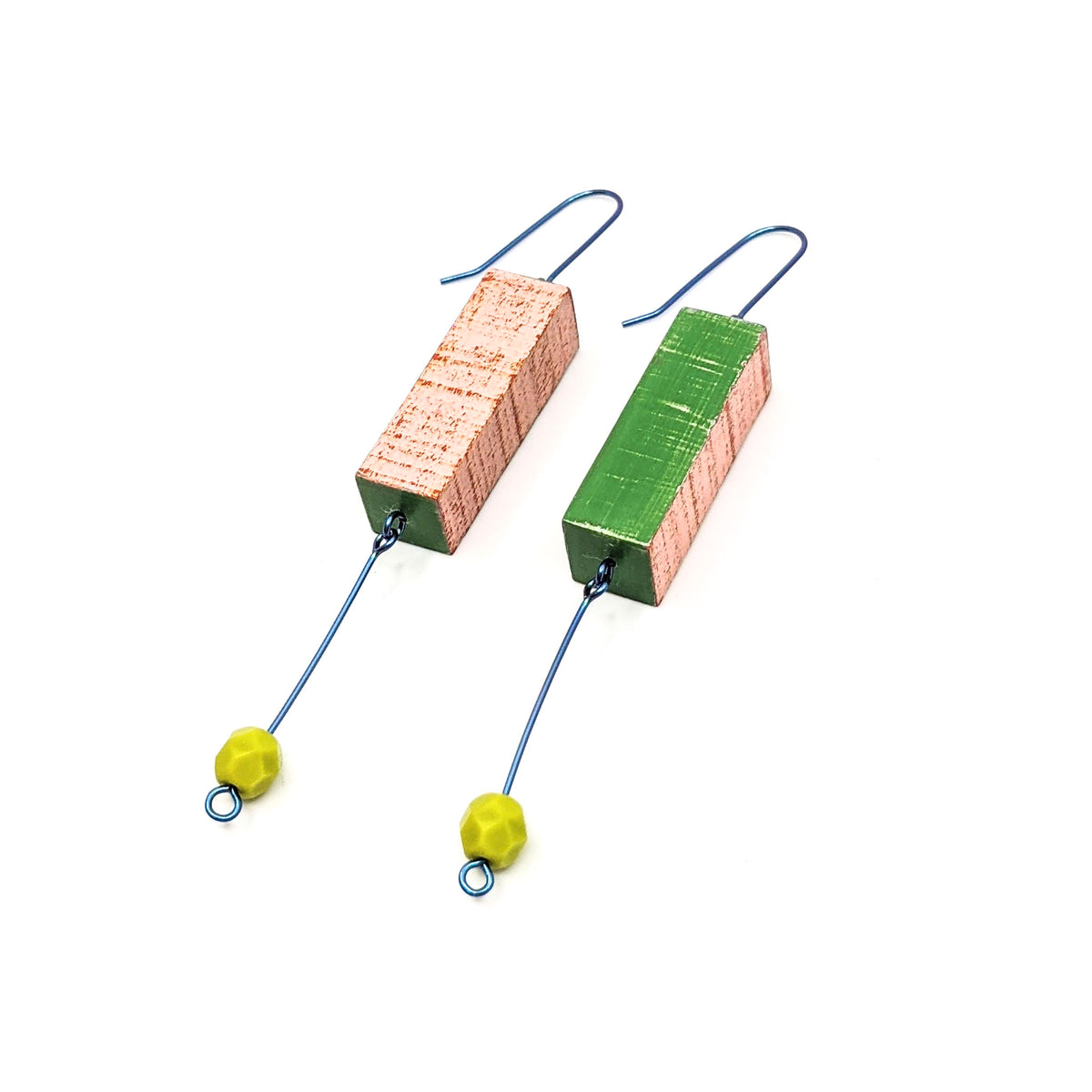 Lauraine Lillie Studios - Wooden Earrings, Painted - Mauve + Green Sided Rectangle + Czech Glass Bead 3”(L) x .5”(W) - VISUAL INDEX